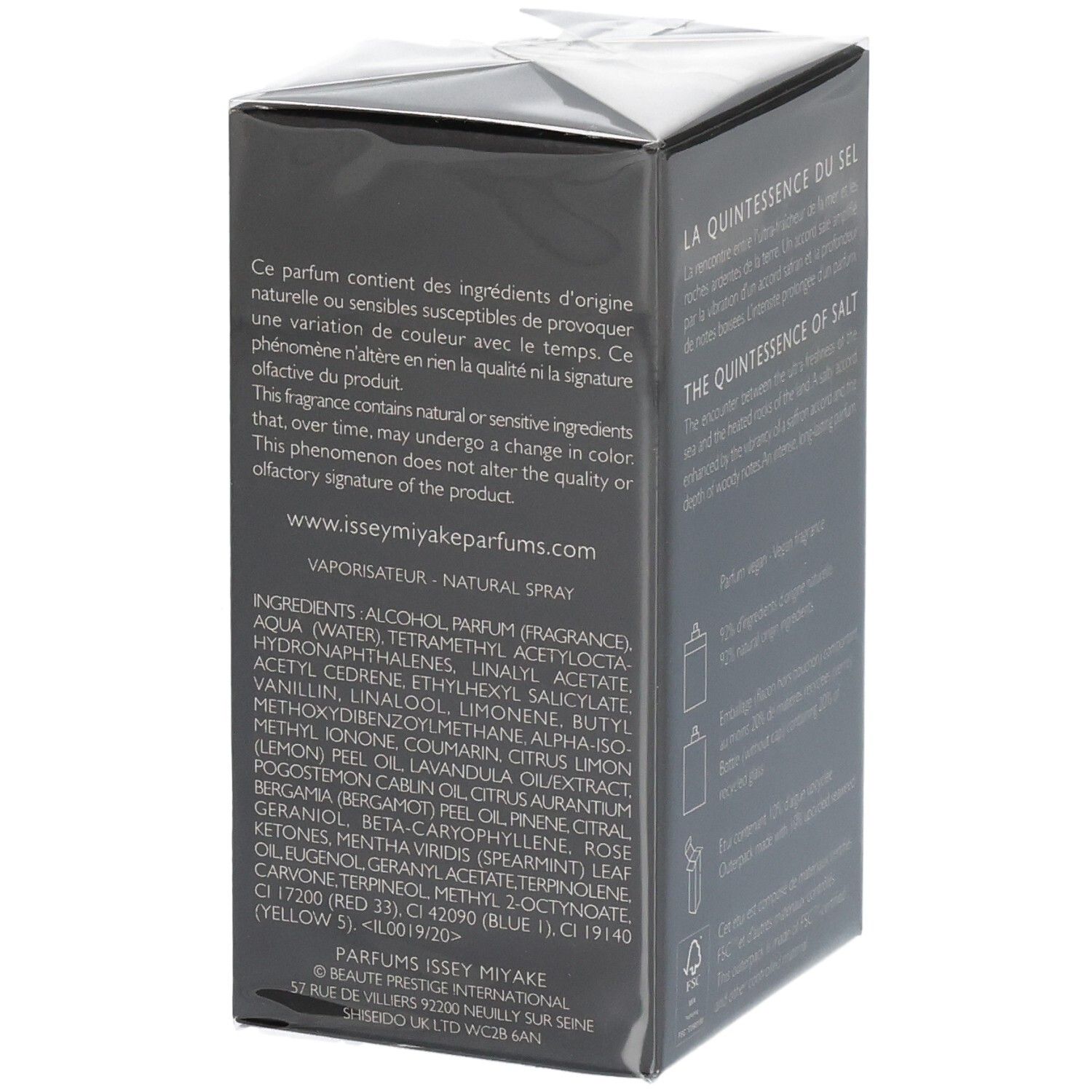 Issey Miyake Le Sel d'Issey Parfum 50ml emballage, côté avec ingrédients.