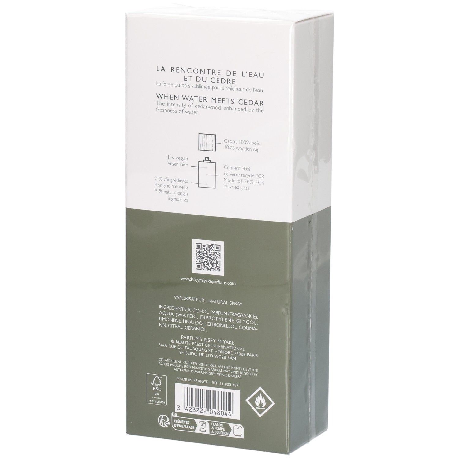 Issey Miyake L'Eau d'Issey Pour Homme Eau & Cèdre flacon de toilette, boîte, dos avec détails.