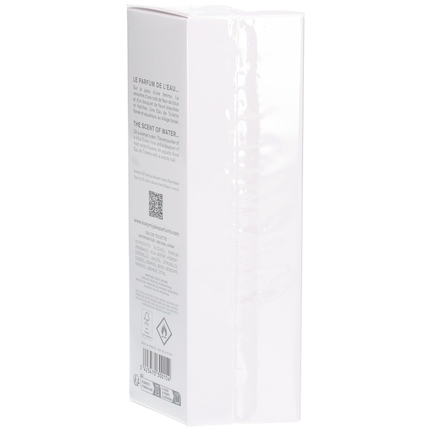 Arrière de l'emballage Issey Miyake L'Eau d'Issey Eau de Toilette avec informations produit.