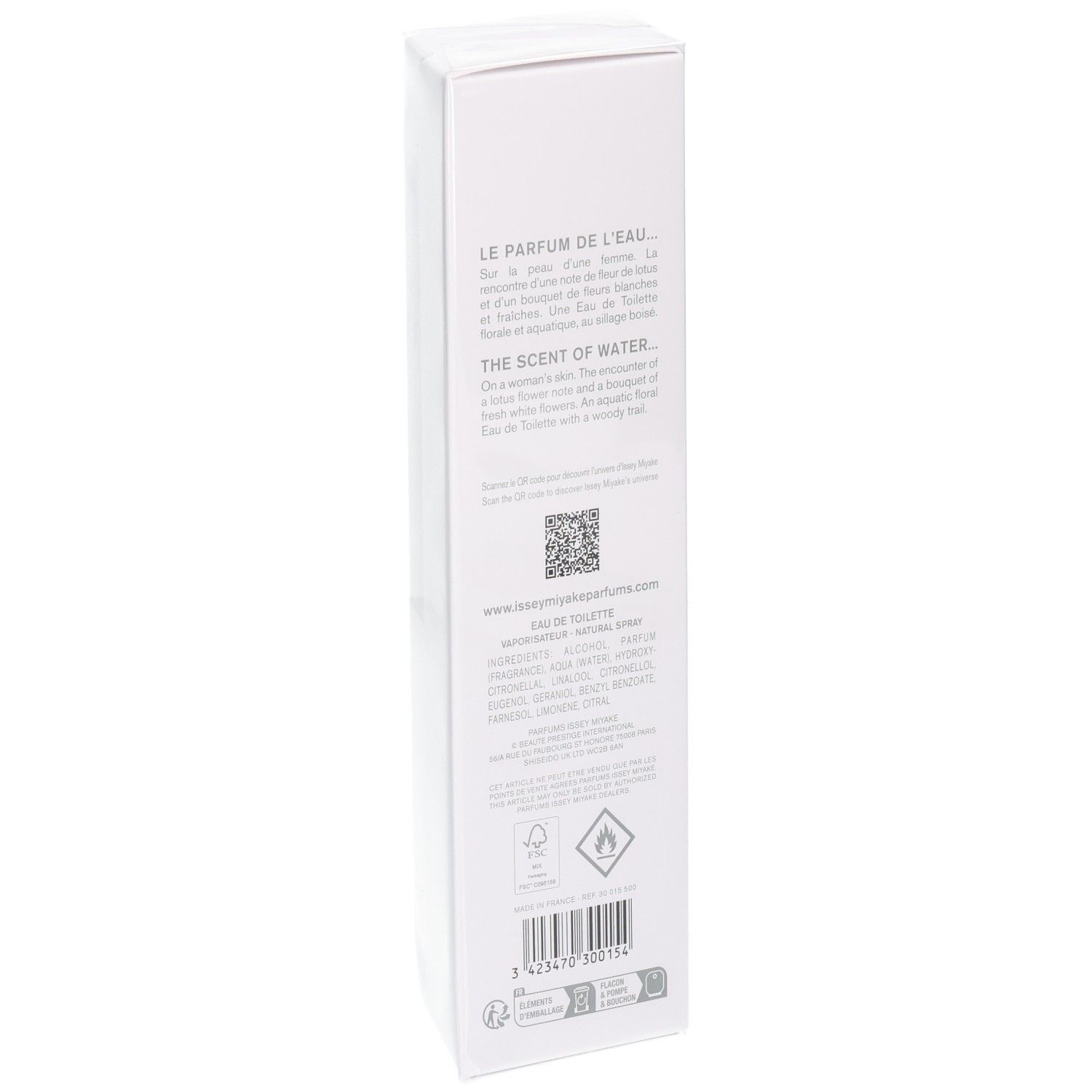 Arrière de l'emballage Issey Miyake L'Eau d'Issey Eau de Toilette avec informations produit.