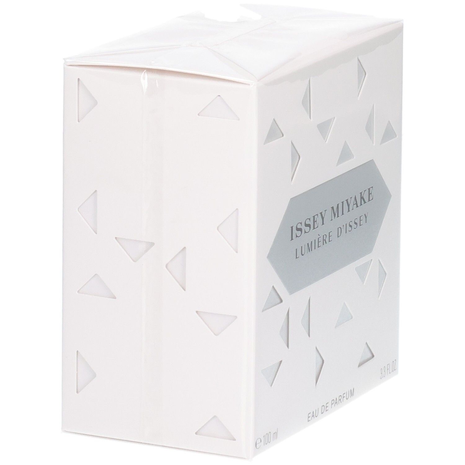 Emballage Issey Miyake Lumière d'Issey Eau de Parfum, vue de côté, blanc avec des triangles géométriques.