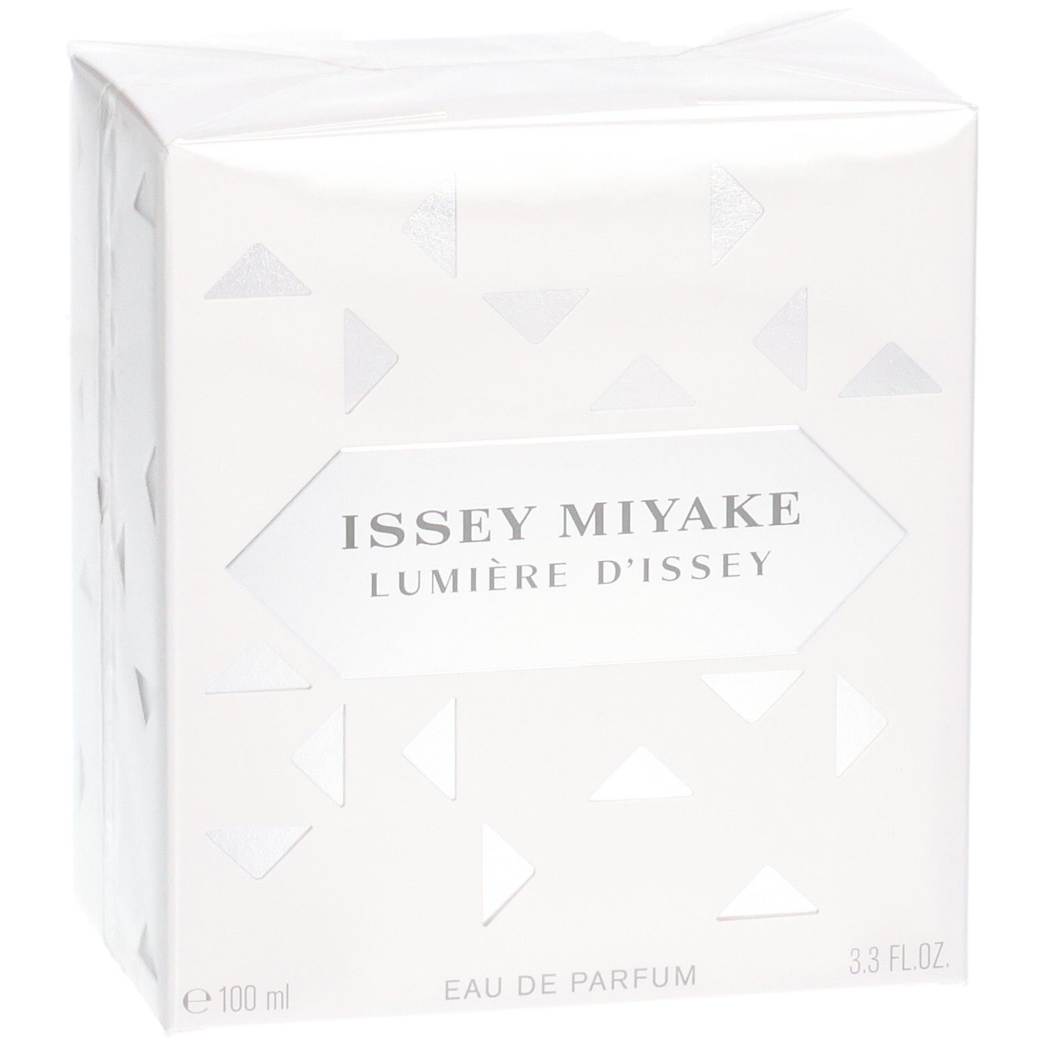 Emballage Issey Miyake Lumière d'Issey Eau de Parfum, en biais, blanc avec des triangles géométriques.