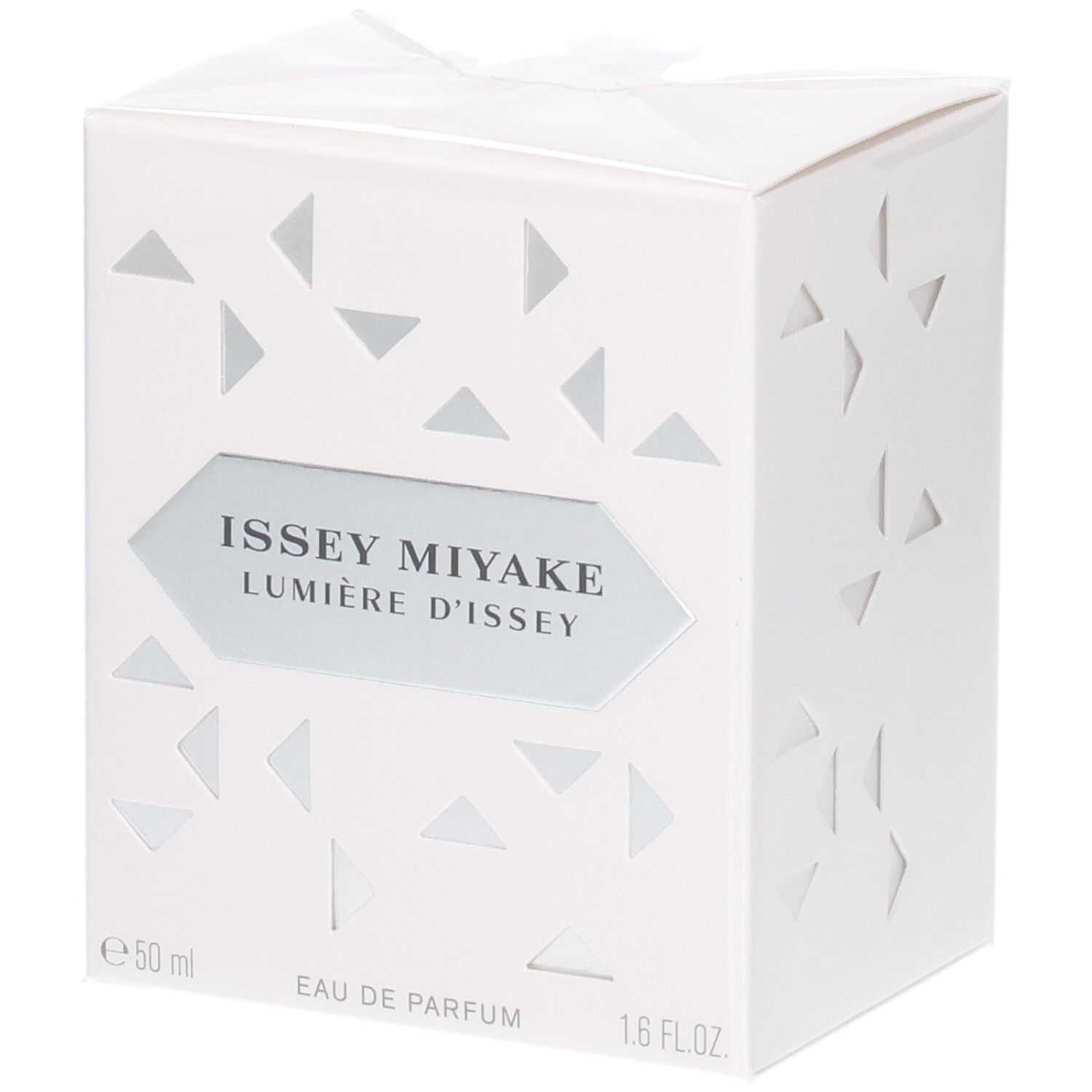 Boîte cadeau blanche Issey Miyake Lumière d'Issey Eau de Parfum avec triangles géométriques et étiquette argentée.