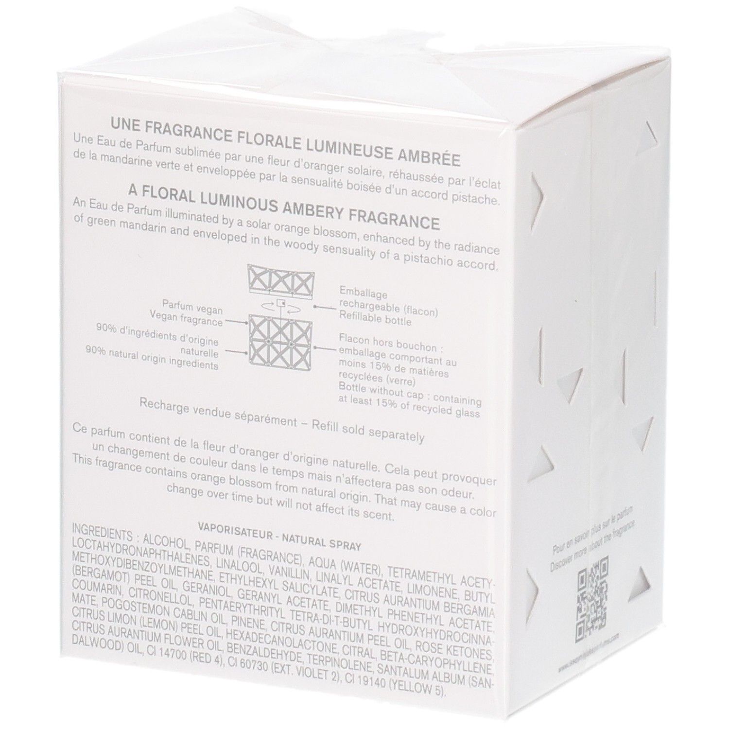 Côté de la boîte cadeau Issey Miyake Lumière d'Issey Eau de Parfum avec description du produit et ingrédients.