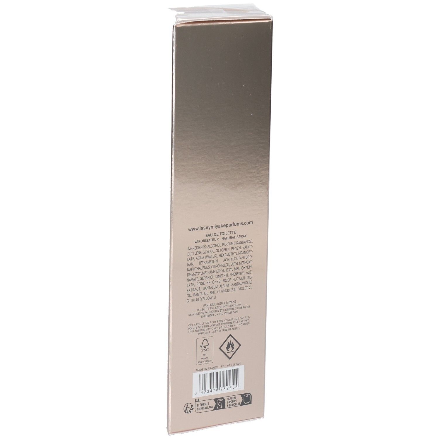 Issey Miyake Nectar d'Issey Petale de Nectar Eau de Toilette dos de l'emballage avec ingrédients et symboles.