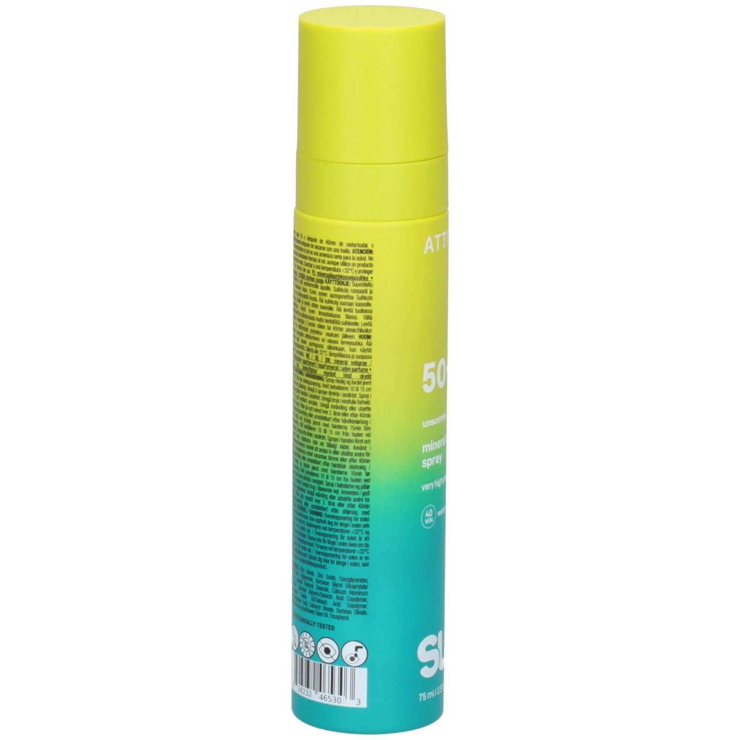 ATTITUDE Mineral Sonnencreme Spray, Rückseite mit Inhaltsstoffen und Zertifizierungen.