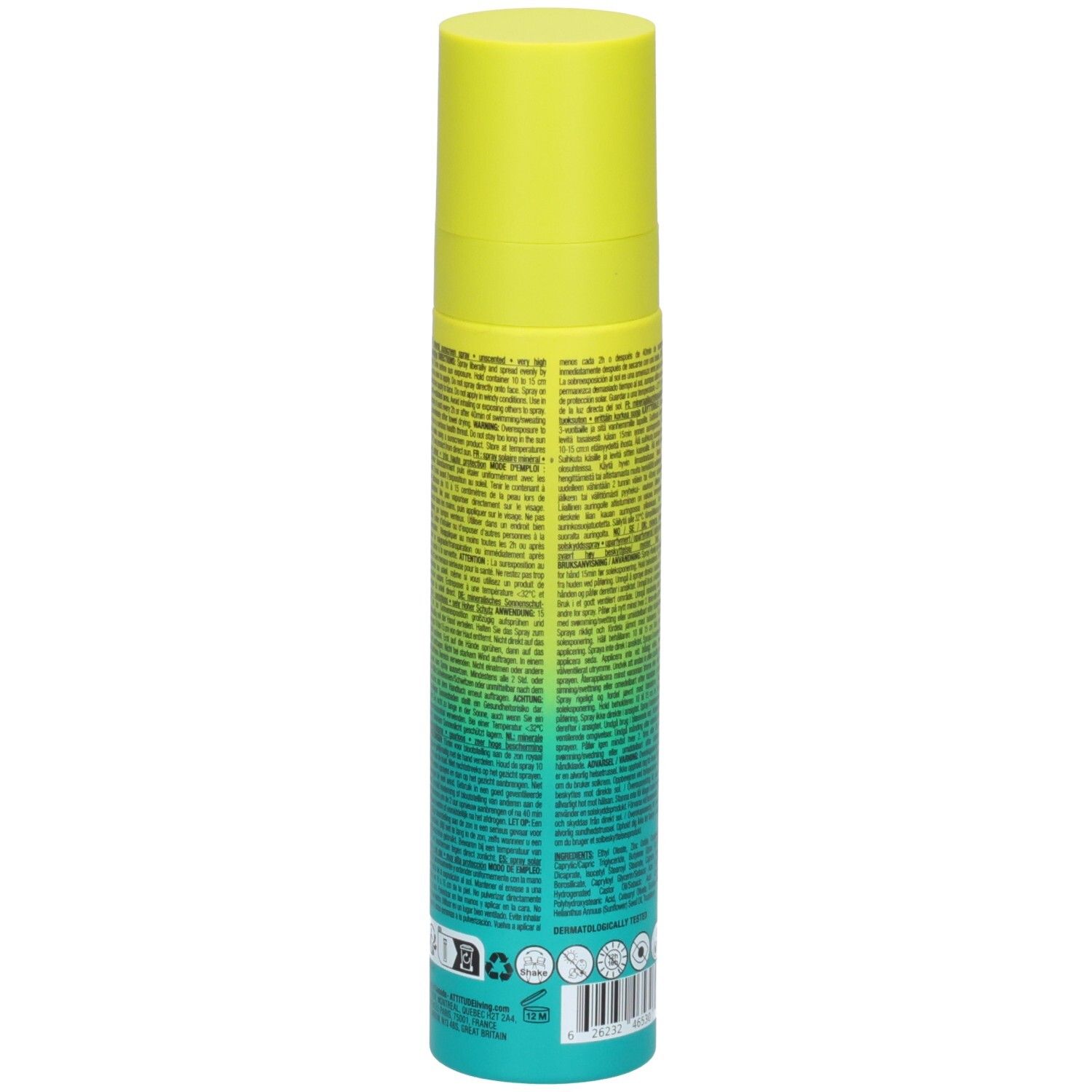 ATTITUDE Mineral Sonnencreme Spray, Rückseite mit detaillierten Informationen.