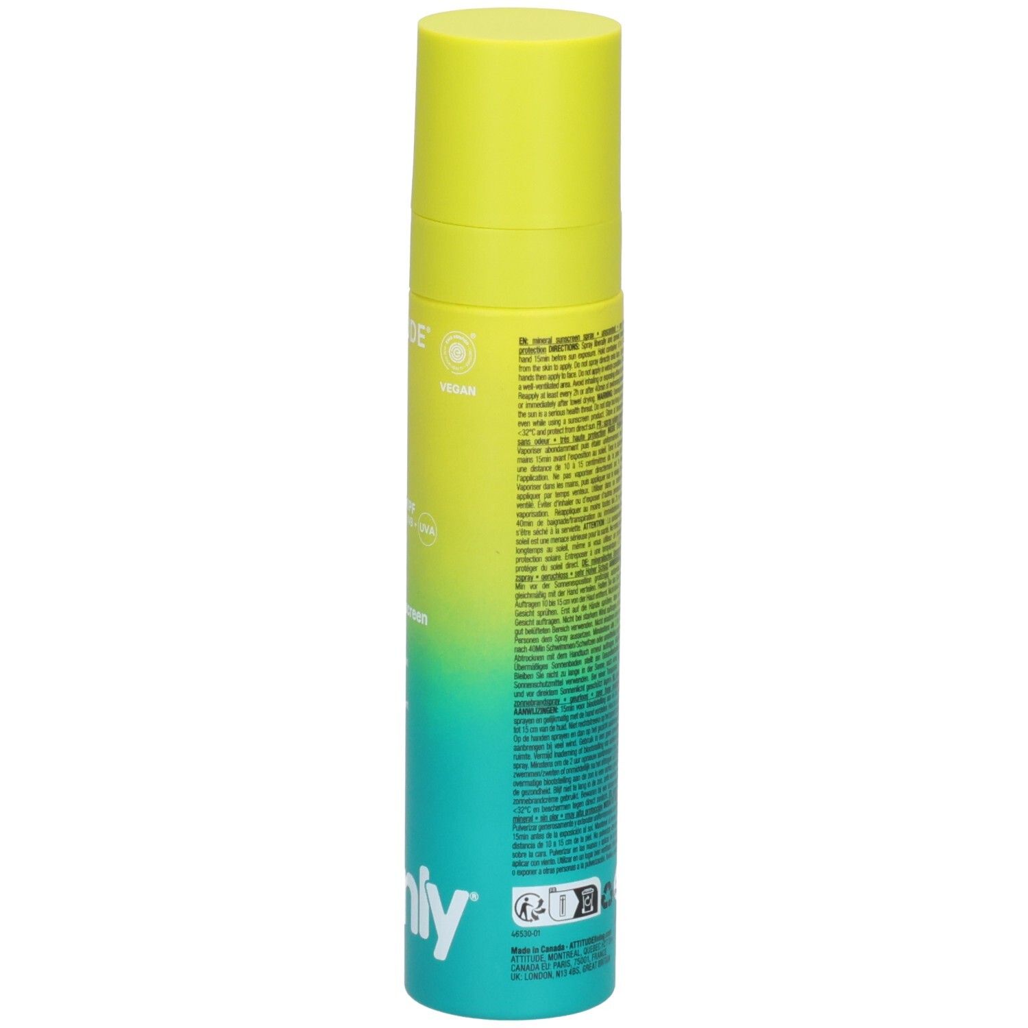 ATTITUDE Mineral Sonnencreme Spray, Vorderseite mit Markennamen und SPF 50+.