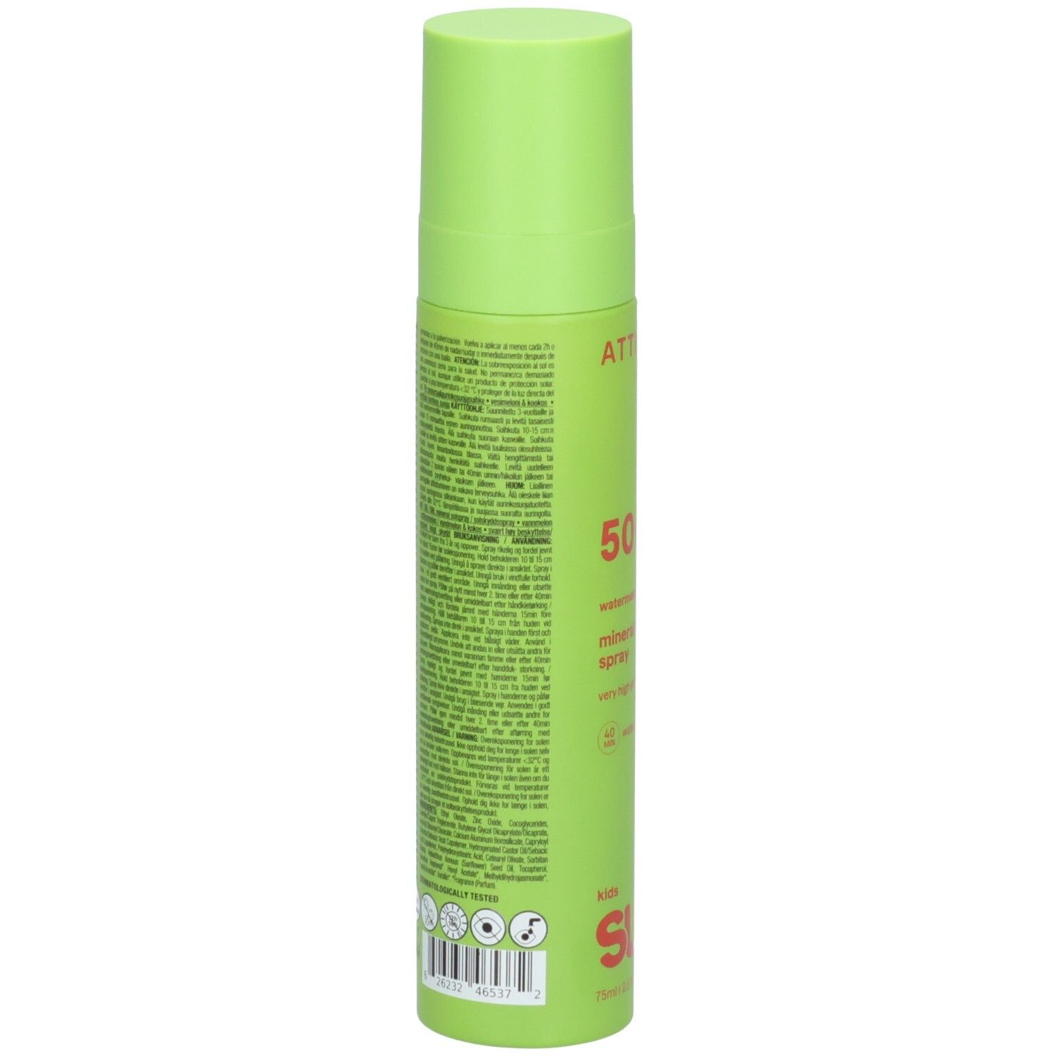 ATTITUDE Sonnencreme Spray für Kinder, Rückseite mit Inhaltsstoffen und Zertifizierungen, 75ml.