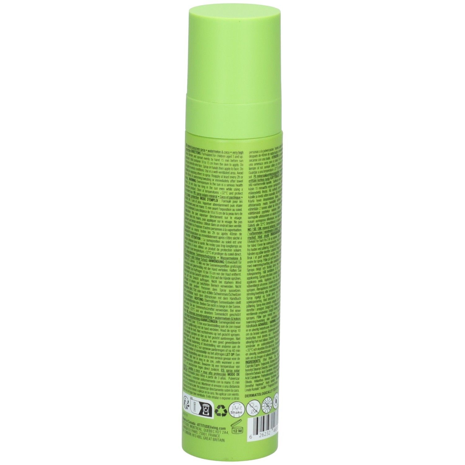 ATTITUDE Sonnencreme Spray für Kinder, Rückseite mit Inhaltsstoffen und Zertifizierungen, 75ml.
