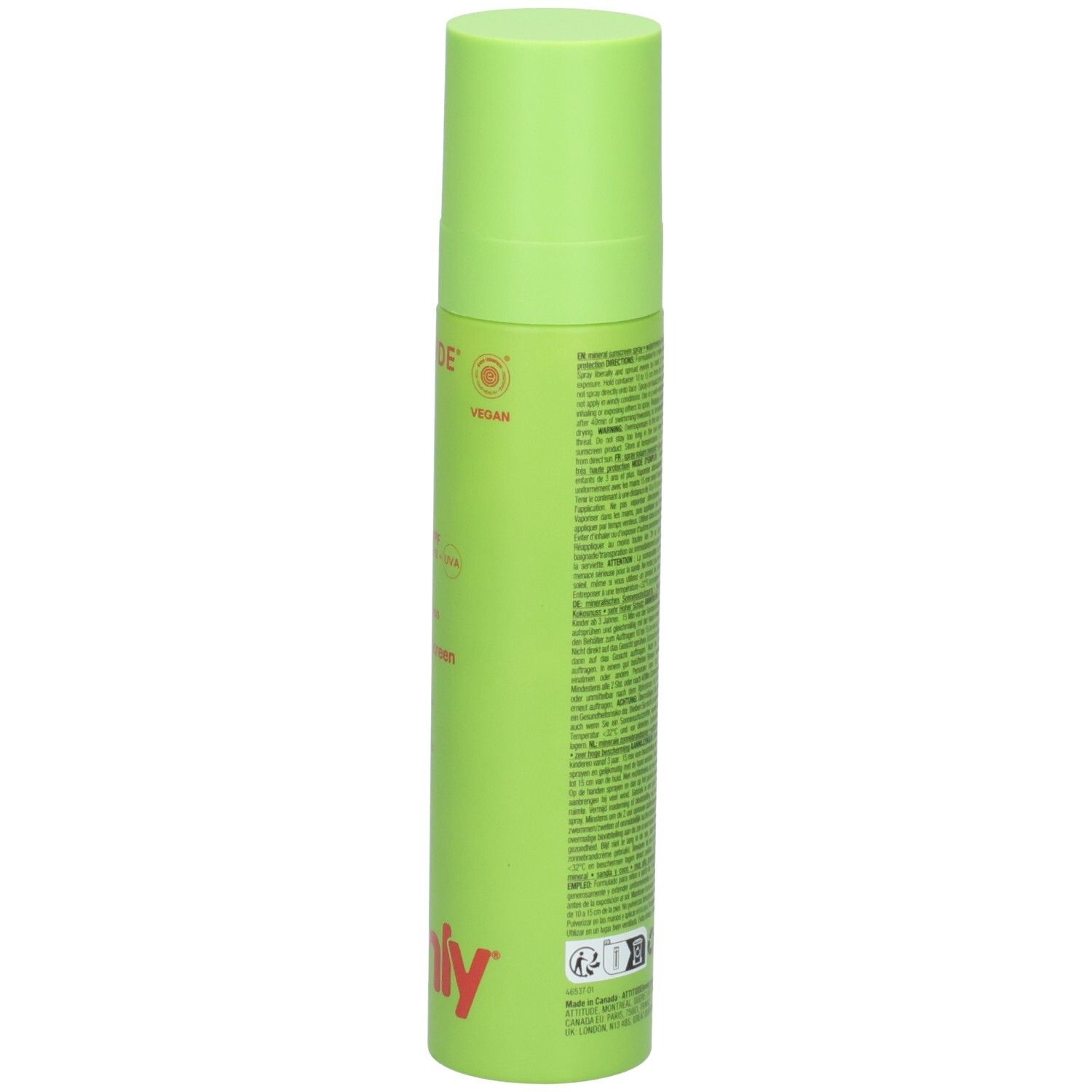 ATTITUDE Sonnencreme Spray für Kinder, Rückseite mit Inhaltsstoffen und Zertifizierungen, 75ml.