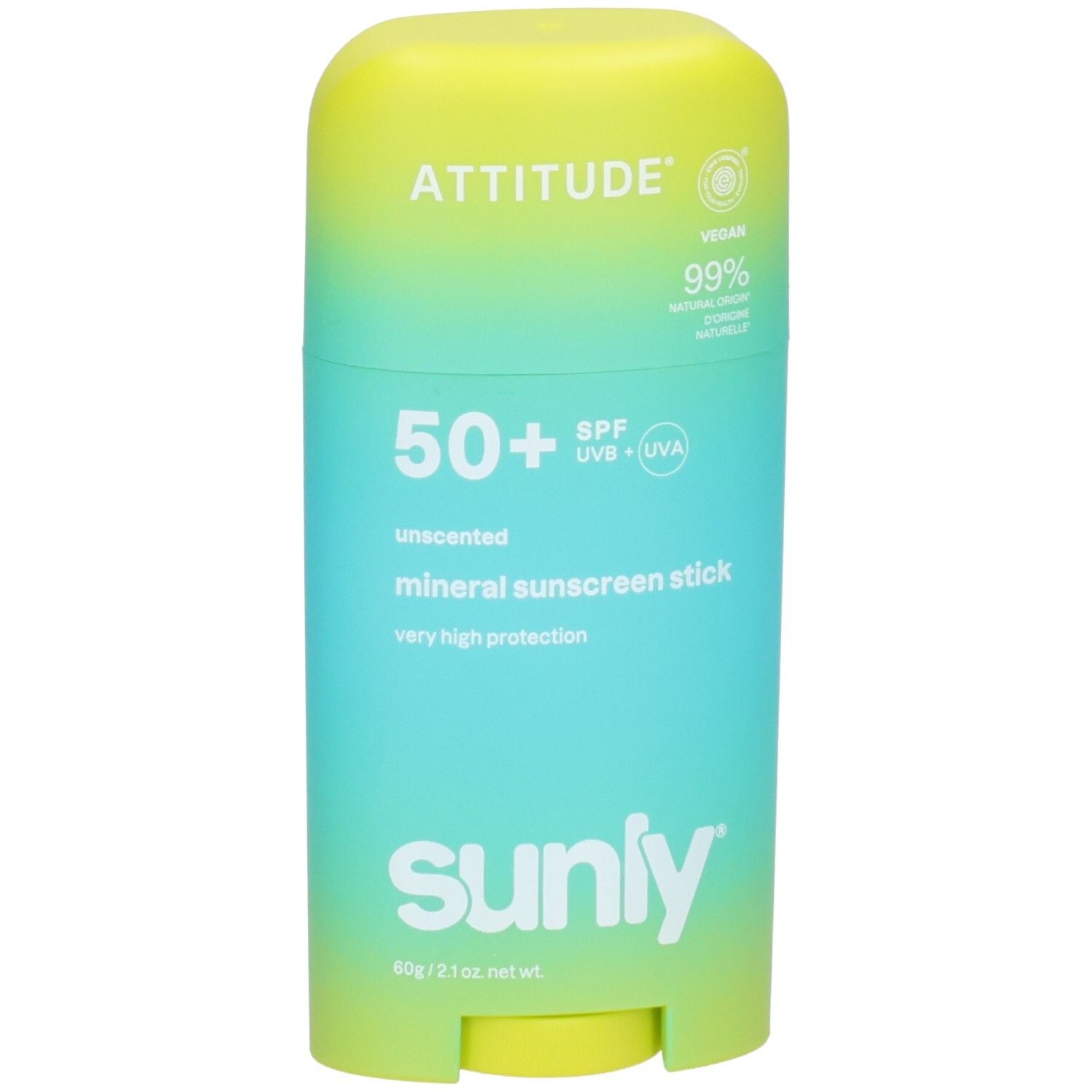 ATTITUDE Mineral Sonnencreme Stick LSF 50+, parfümfrei, 60g. Gelb-Türkis Farbverlauf.