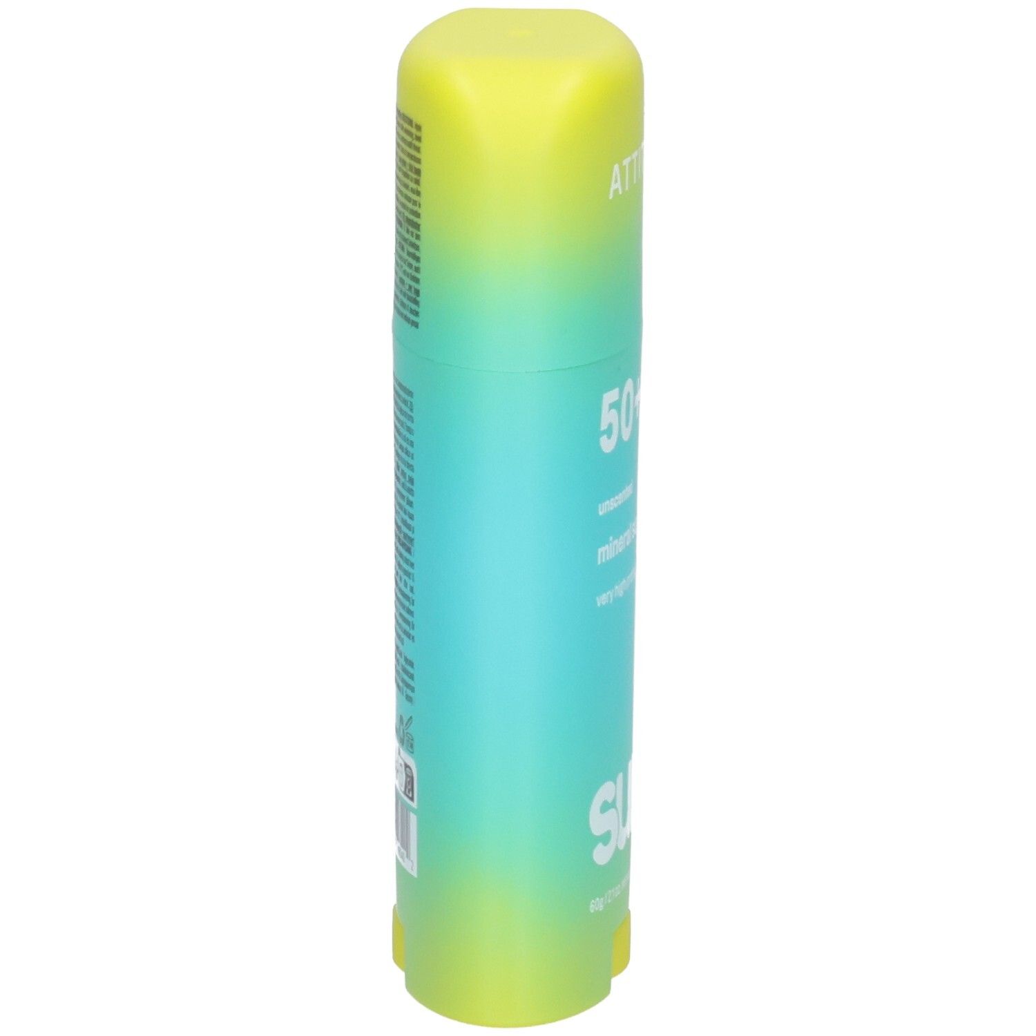 ATTITUDE Mineral Sonnencreme Stick LSF 50+, parfümfrei, 60g. Seitenansicht.