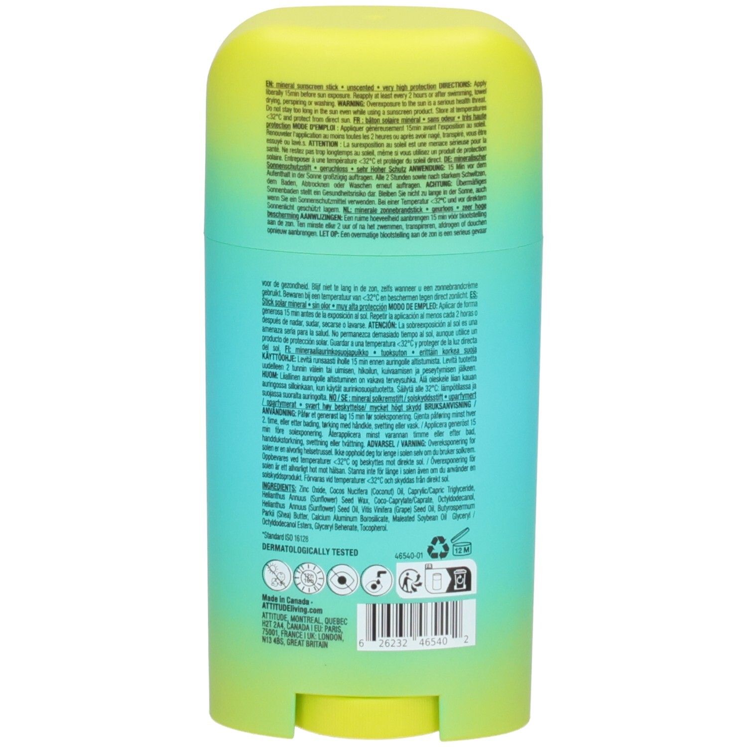 Rückseite ATTITUDE Mineral Sonnencreme Stick LSF 50+, 60g. Enthält Inhaltsstoffe und Zertifizierungen.