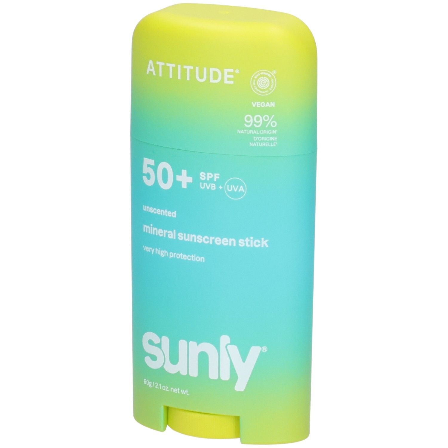 ATTITUDE Mineral Sonnencreme Stick LSF 50+, parfümfrei, 60g. Gelb-Türkis Farbverlauf.
