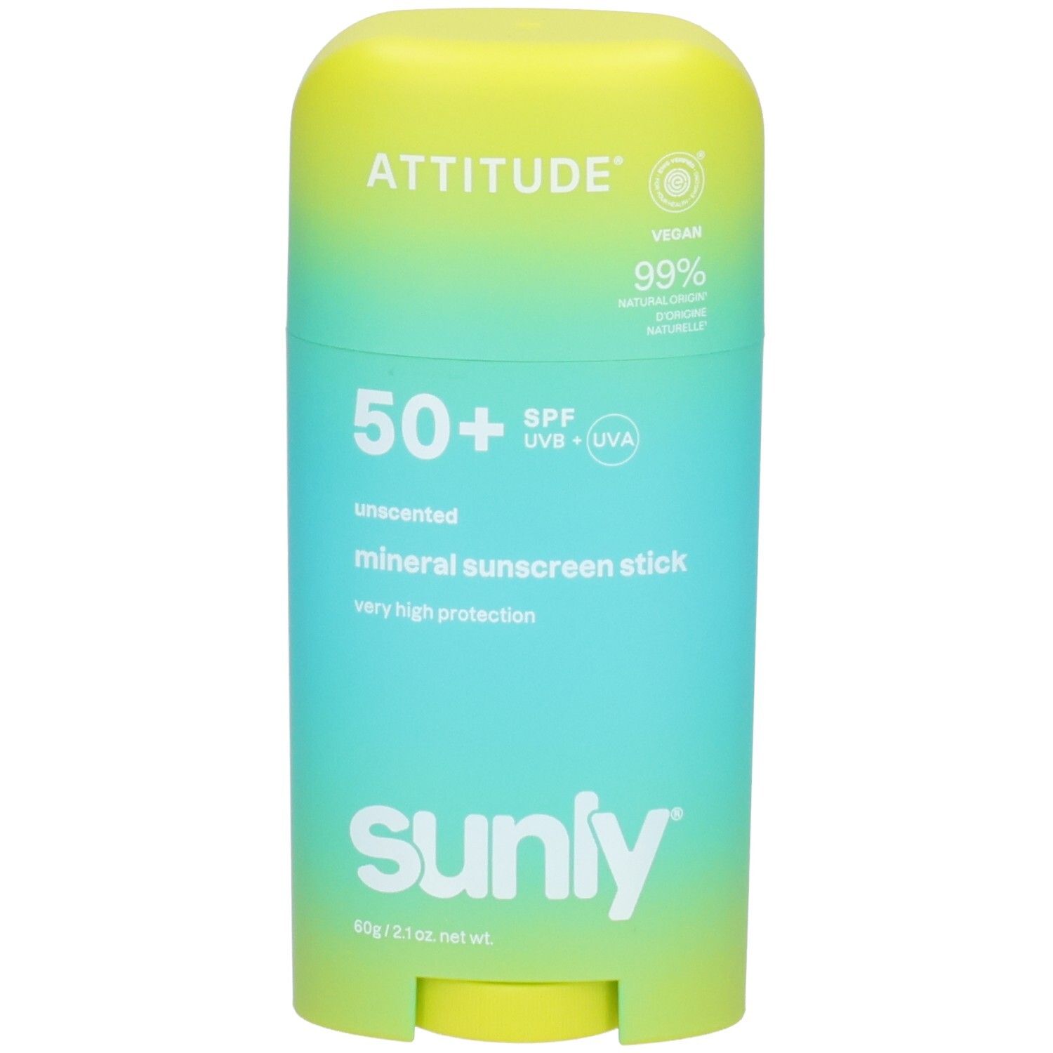 ATTITUDE Mineral Sonnencreme Stick LSF 50+, parfümfrei, 60g. Gelb-Türkis Farbverlauf.