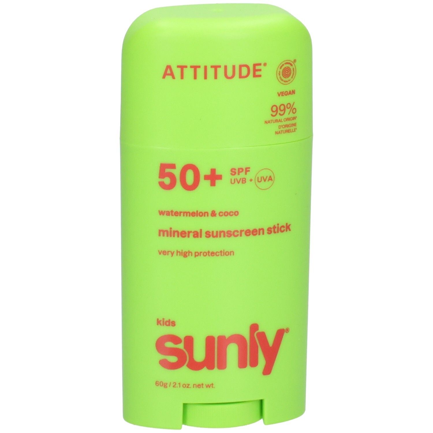 ATTITUDE Stick écran solaire minéral pour enfants, FPS 50+, Pastèque & Coco, 60g.