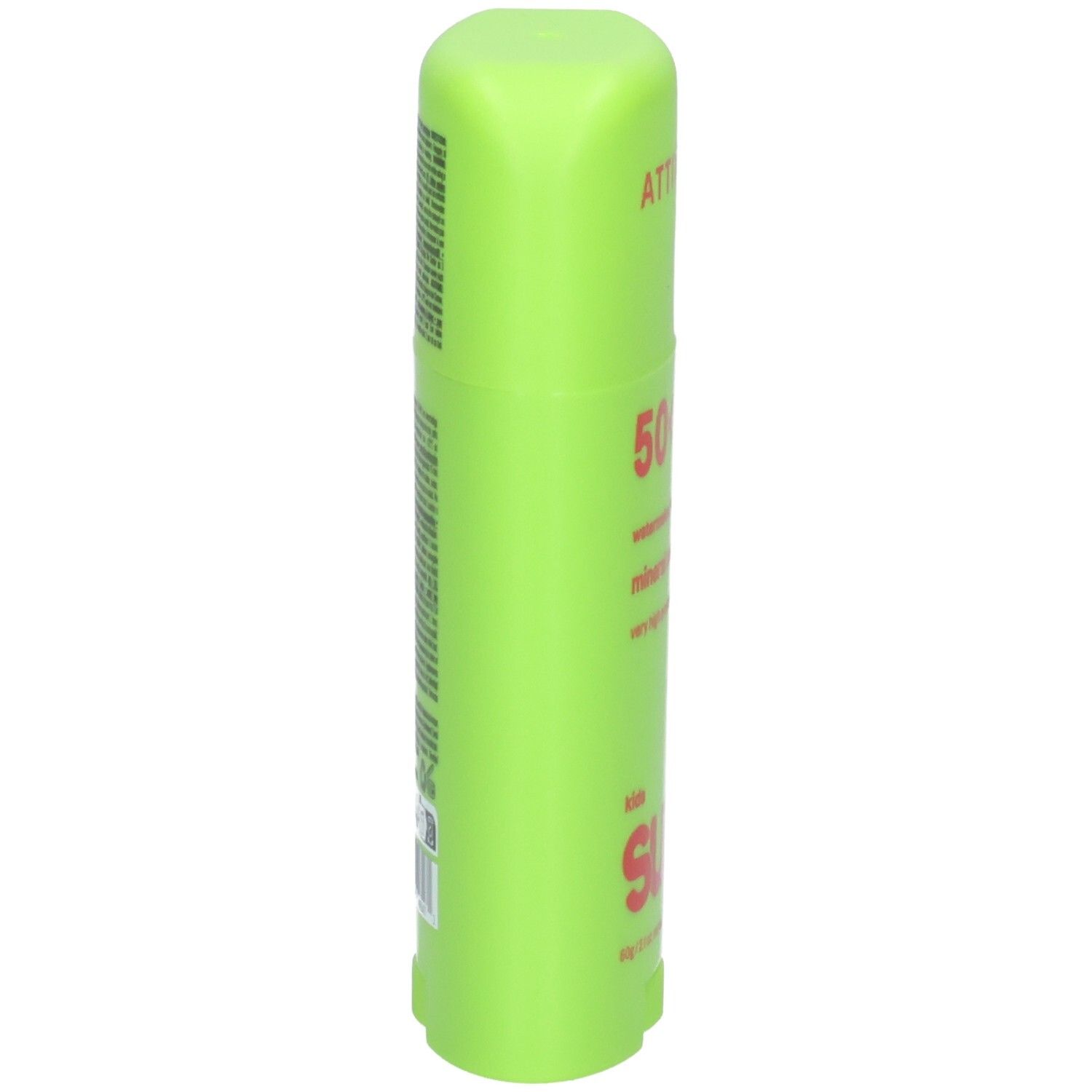 ATTITUDE Stick écran solaire minéral pour enfants, FPS 50+, Pastèque & Coco, vue latérale.