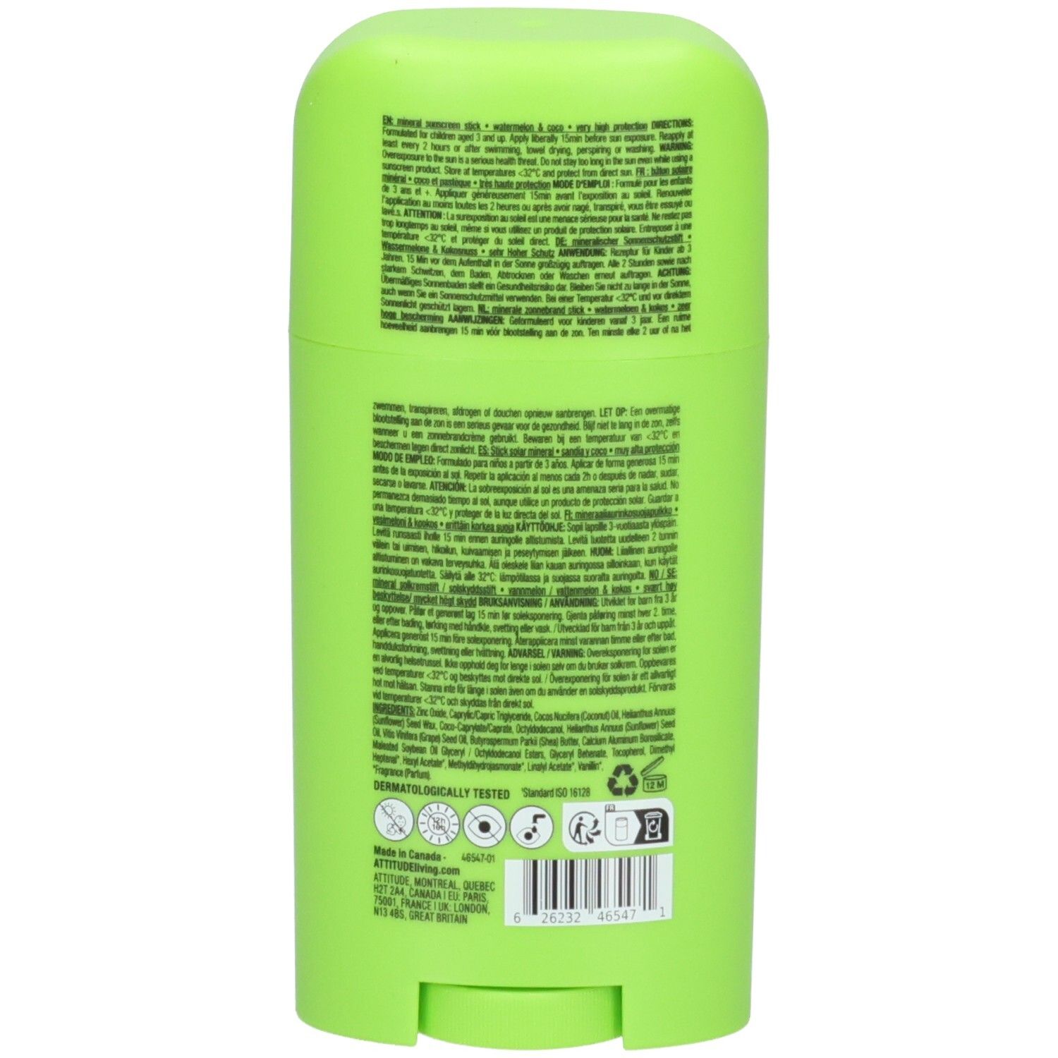 ATTITUDE Stick écran solaire minéral pour enfants, FPS 50+, Pastèque & Coco, dos avec texte.