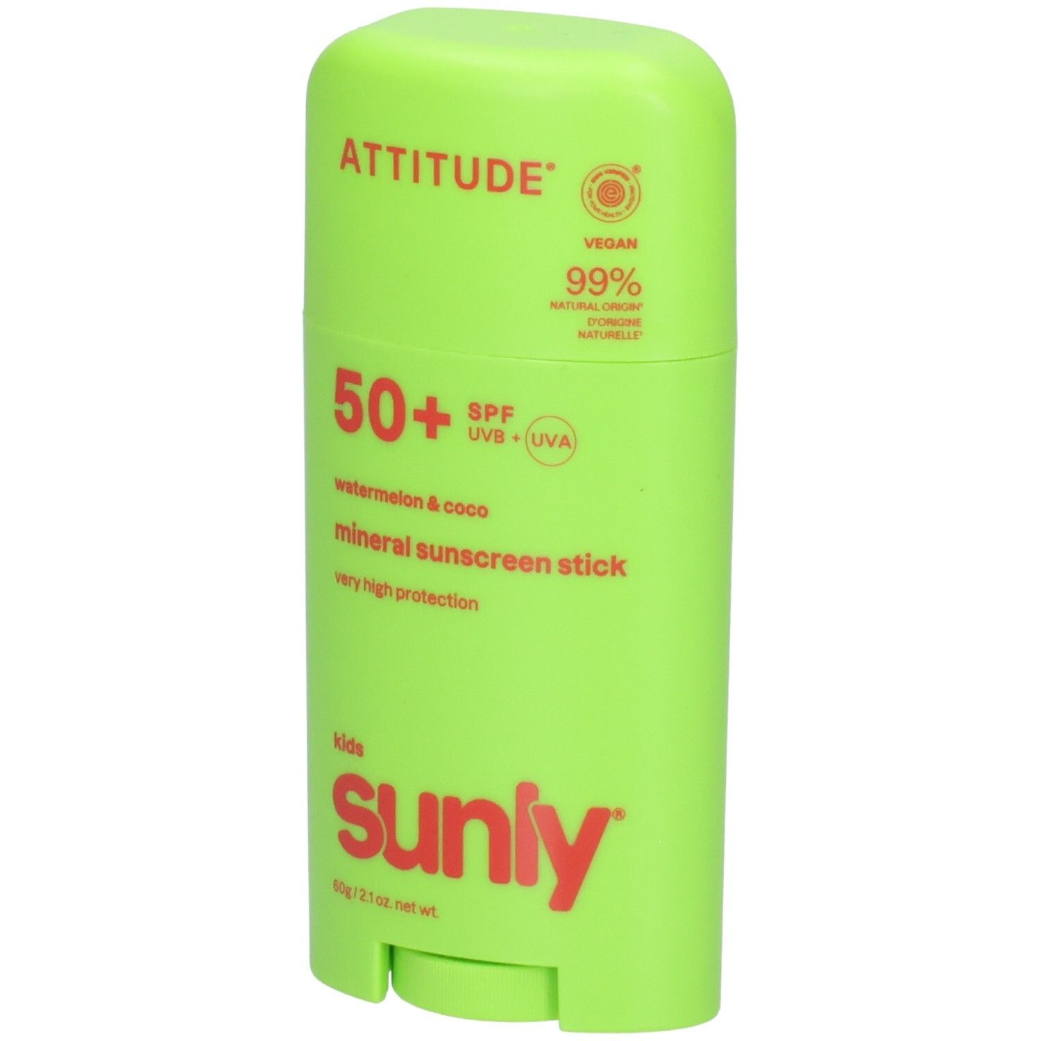 ATTITUDE Stick écran solaire minéral pour enfants, FPS 50+, Pastèque & Coco, 60g.
