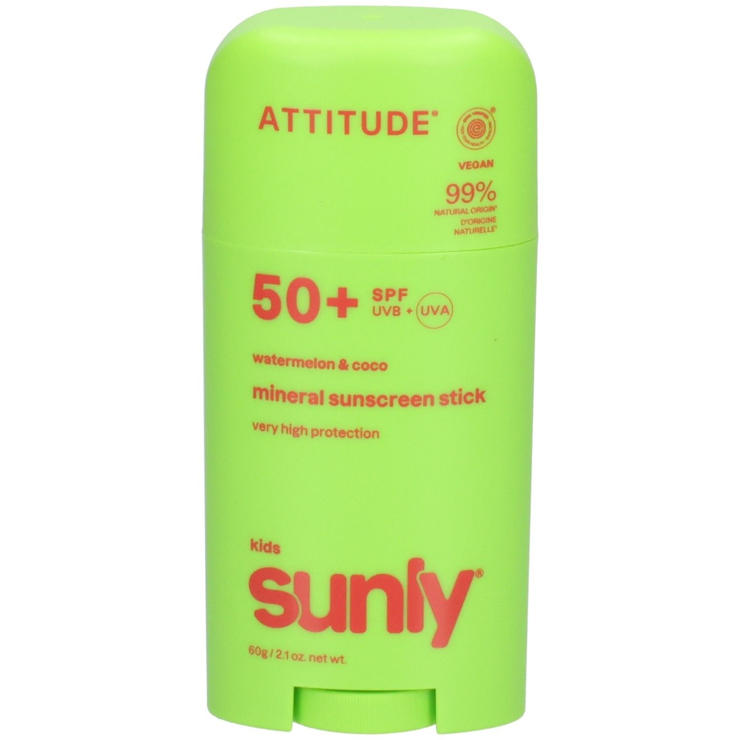 ATTITUDE Stick écran solaire minéral pour enfants, FPS 50+, Pastèque & Coco, 60g.