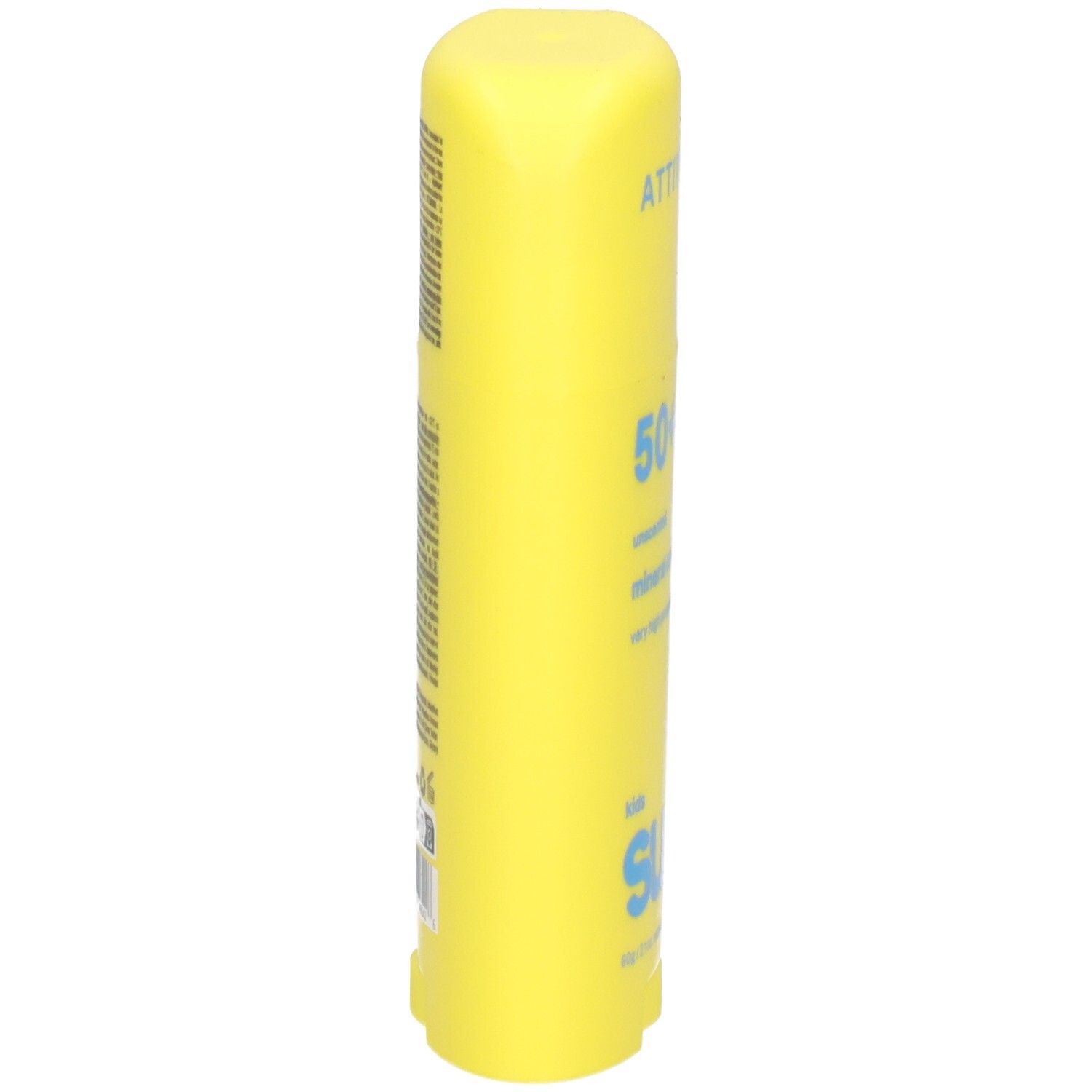 Gelber Sonnenschutzstift mit SPF 50+, Seitenansicht.