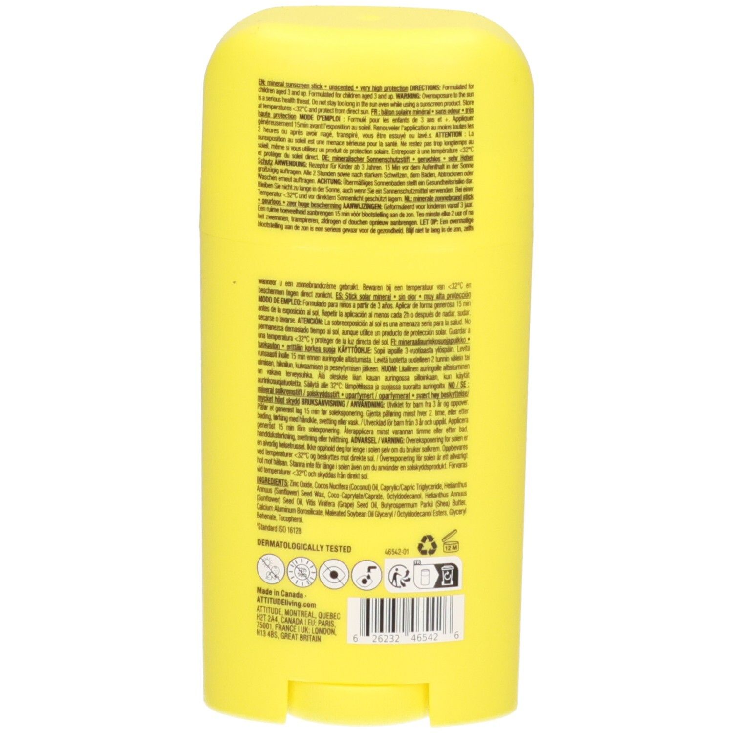Rückseite eines gelben Sonnenschutzstifts mit Produktinformationen und Siegeln.