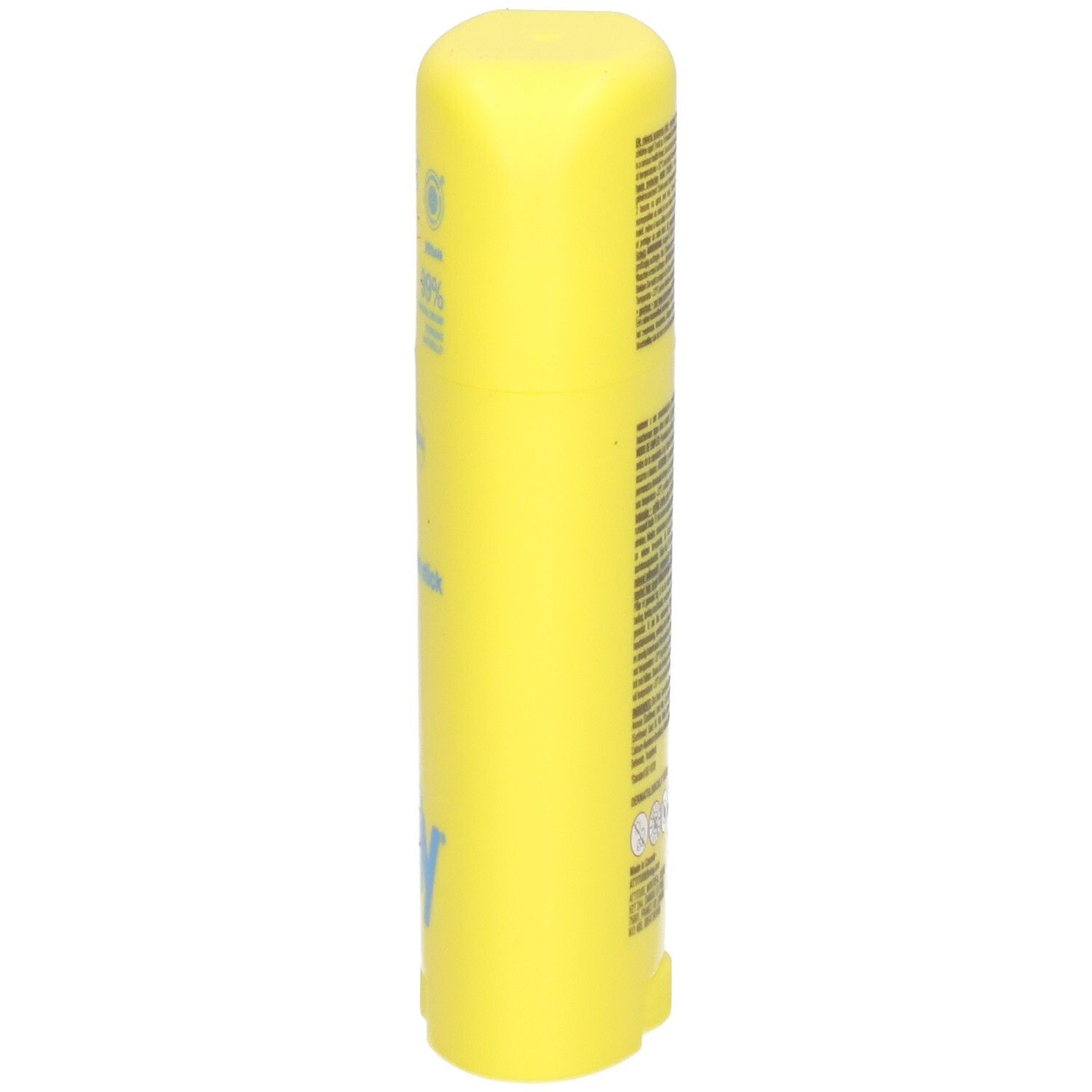 Gelber Sonnenschutzstift mit SPF 50+, Seitenansicht.