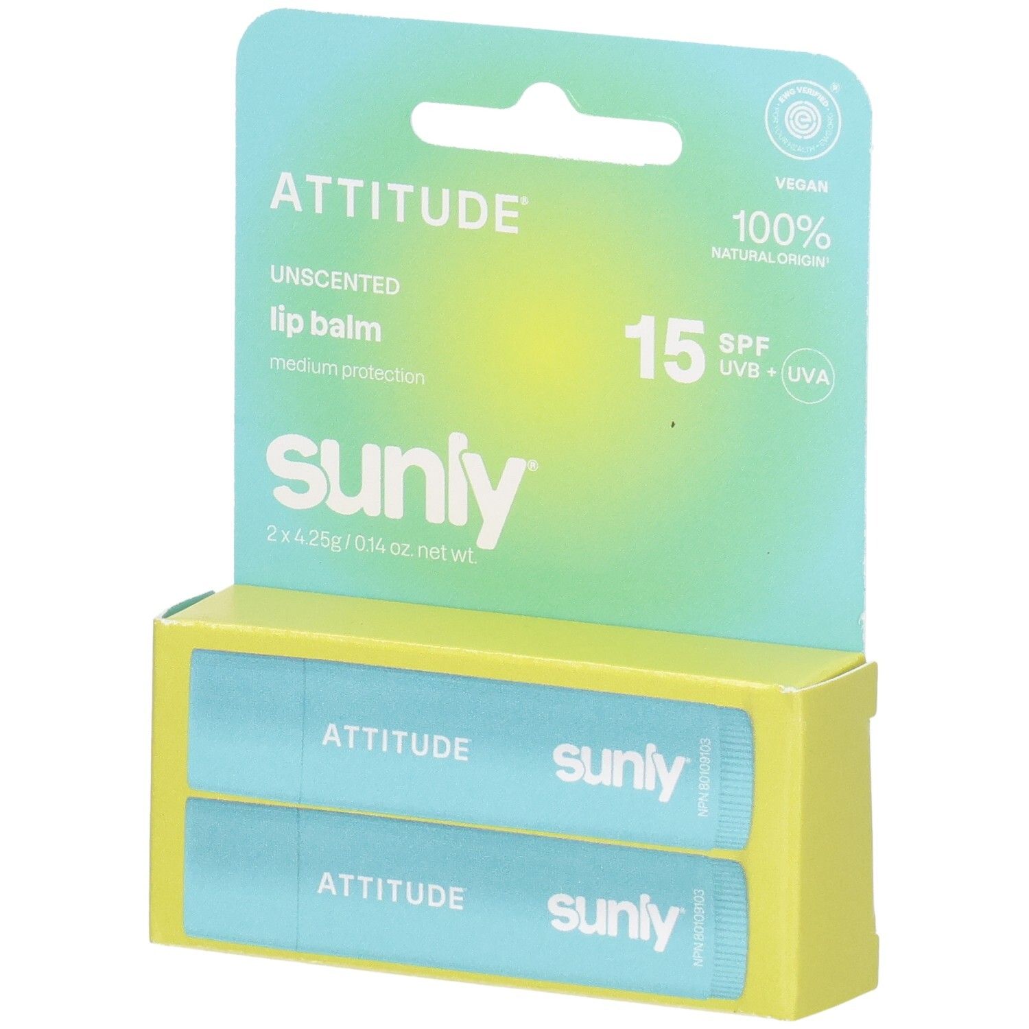 Zwei Attitude Lippenbalsam Spf 15 Unscented Duo Pack in hellblauen Tuben, verpackt in gelber Kartonage mit türkisfarbenem Aufhänger.