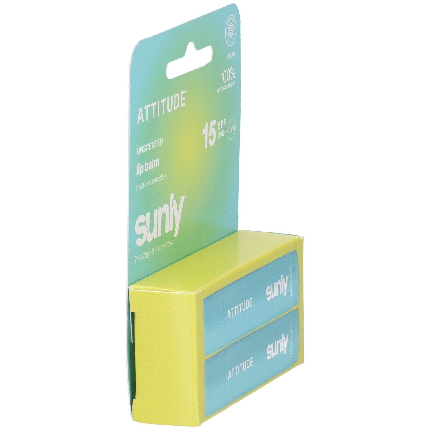 Seitenansicht des Attitude Lippenbalsam Spf 15 Unscented Duo Packs, das zwei hellblaue Tuben in gelber Kartonage zeigt.
