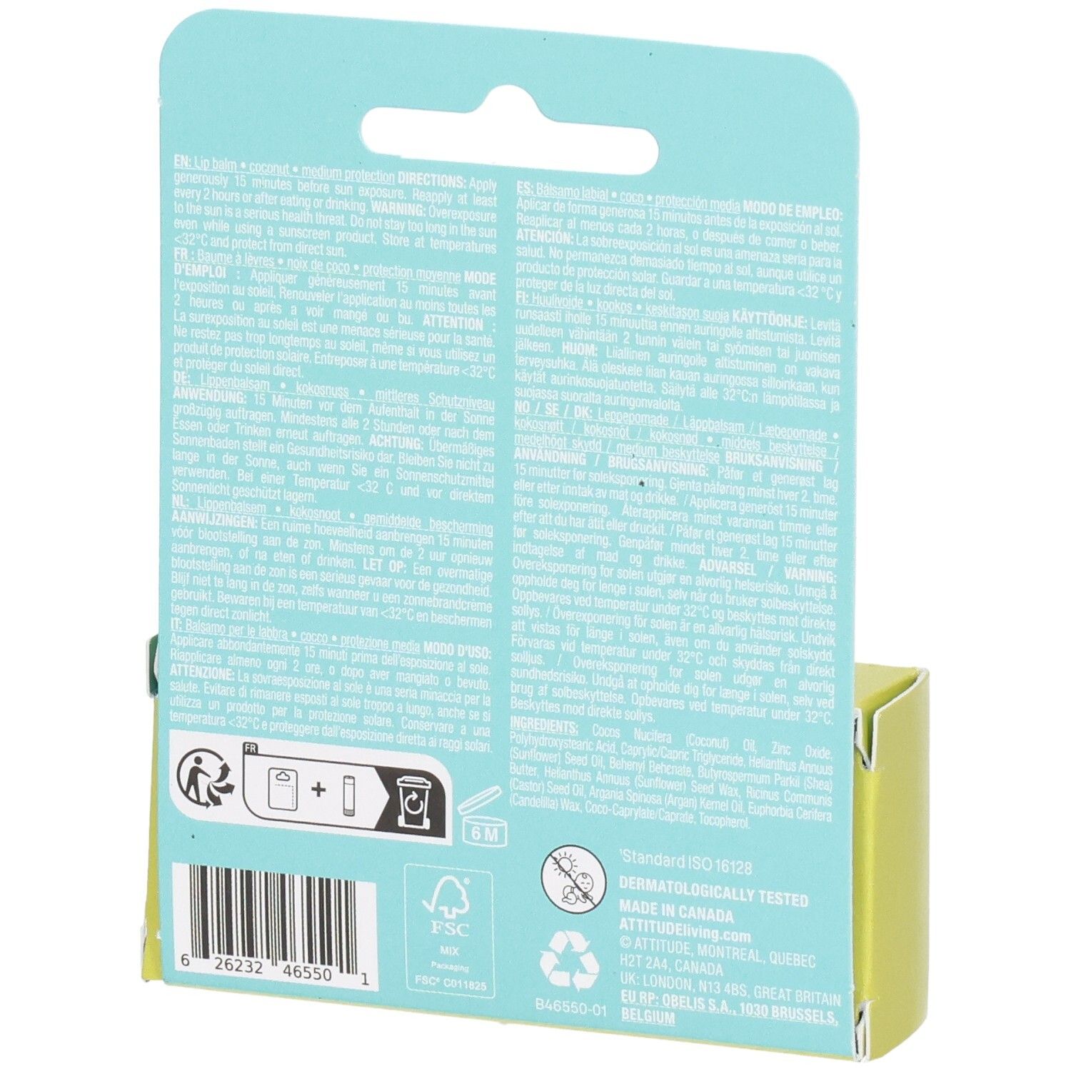Rückseite des Attitude Lippenbalsam Spf 15 Unscented Duo Packs mit detaillierten Produktinformationen und Barcode.