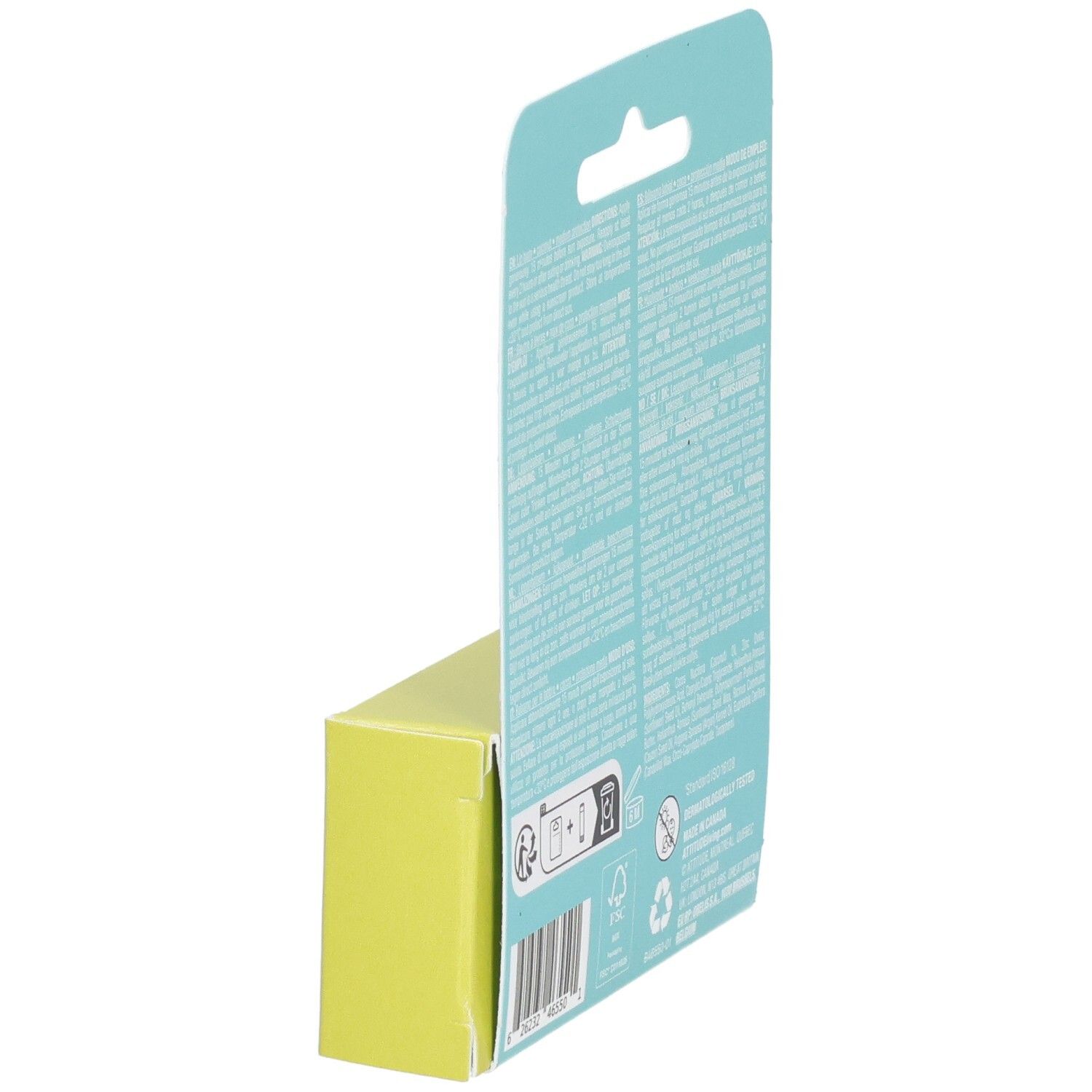 Schrägansicht der Rückseite des Attitude Lippenbalsam Spf 15 Unscented Duo Packs, mit Produktinformationen und Barcode.