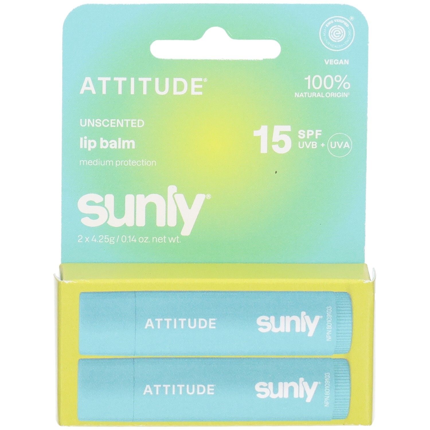 Vorderansicht des Attitude Lippenbalsam Spf 15 Unscented Duo Packs, zeigt zwei hellblaue Tuben mit Sonnenschutz-Informationen.
