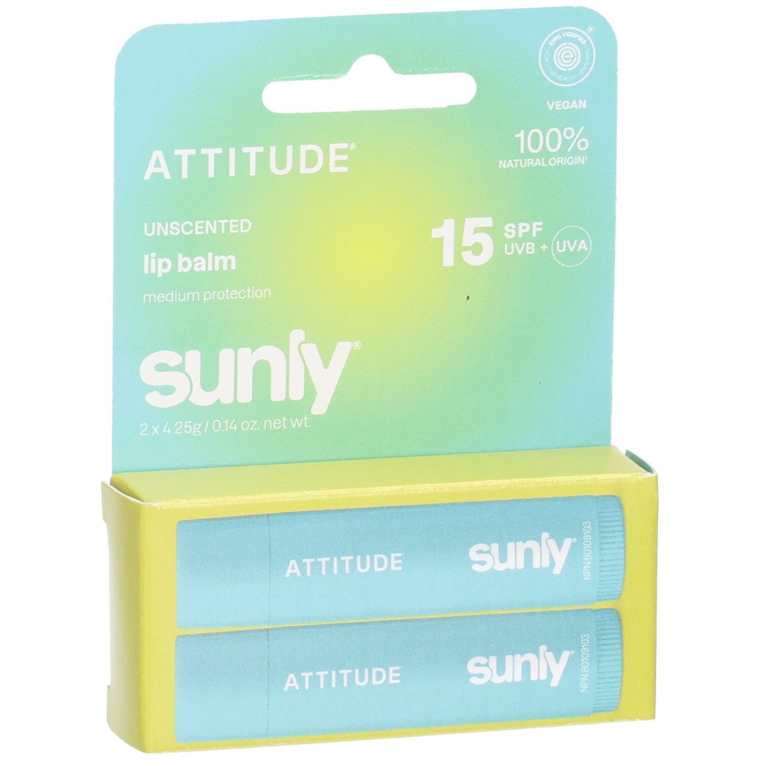 Nahaufnahme des Attitude Lippenbalsam Spf 15 Unscented Duo Packs, zwei hellblaue Tuben mit 'Attitude' und 'sunly' Logo.
