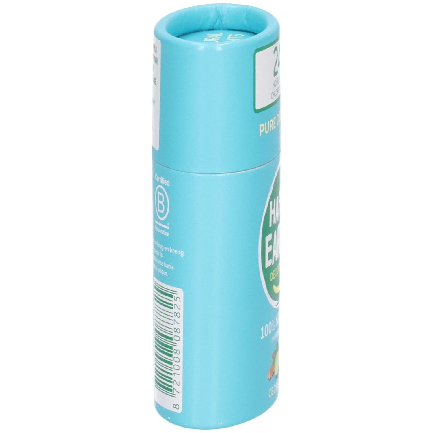 Happy Earth Deodorant Stick, Seite mit B Corp Zertifizierung und Barcode.