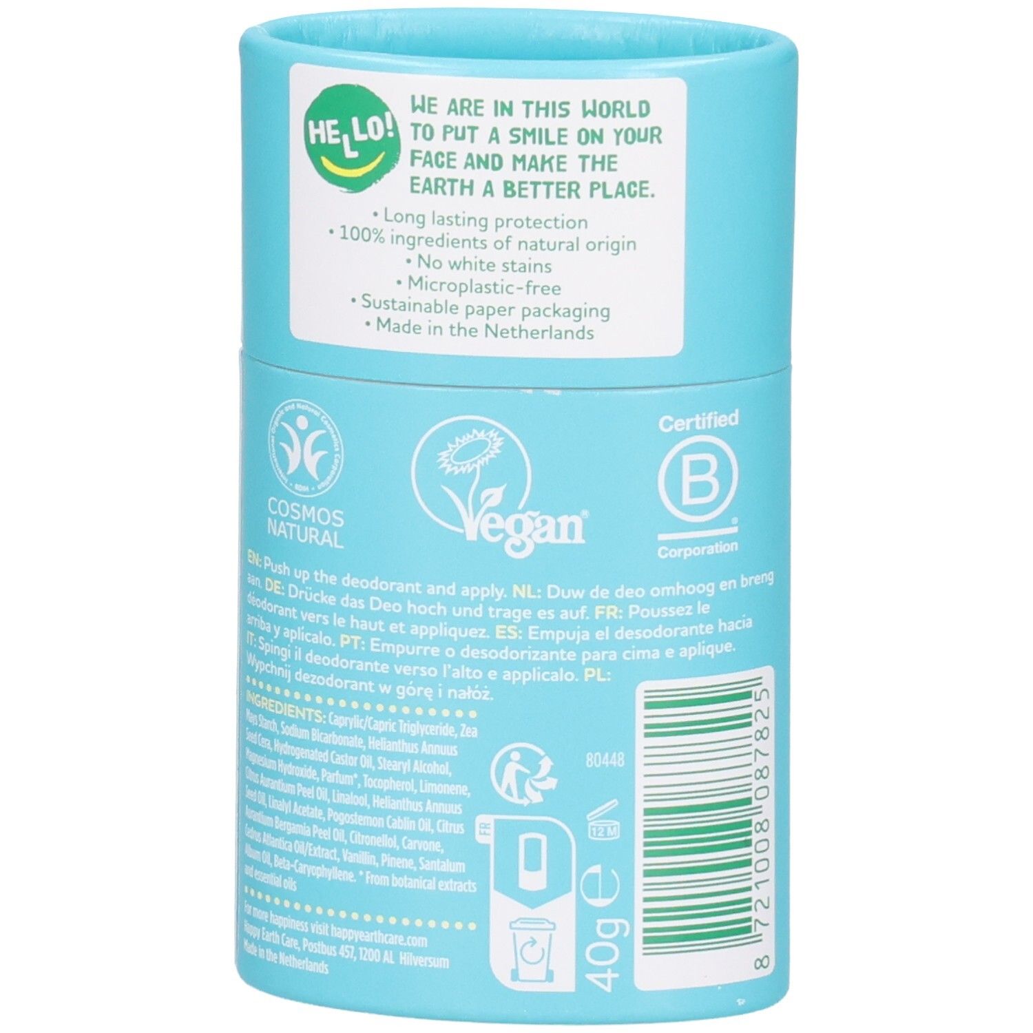 Happy Earth Deodorant Stick Rückseite: Vegan, Cosmos Natural Siegel, Inhaltsstoffe, 40g.