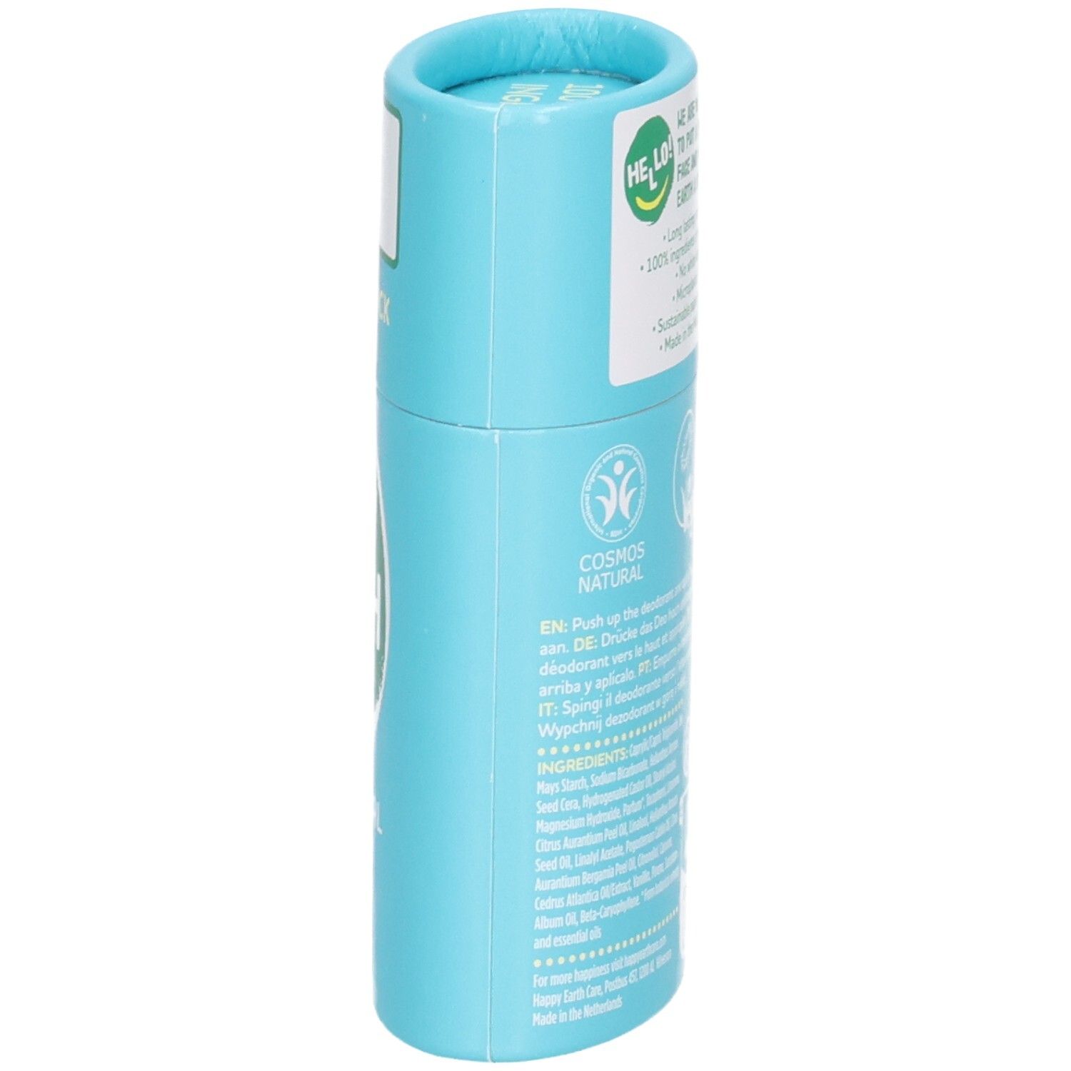 Happy Earth Deodorant Stick, Seite mit Cosmos Natural und Vegan Siegeln.