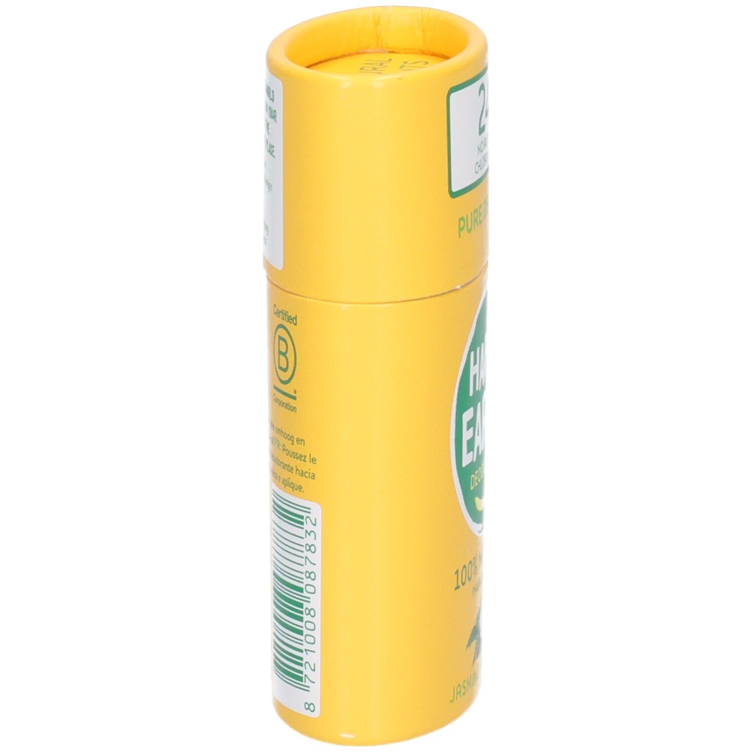 Happy Earth Deodorant Stick Jasmine Ho Wood, seitliche Ansicht mit B Corp Zertifizierung.