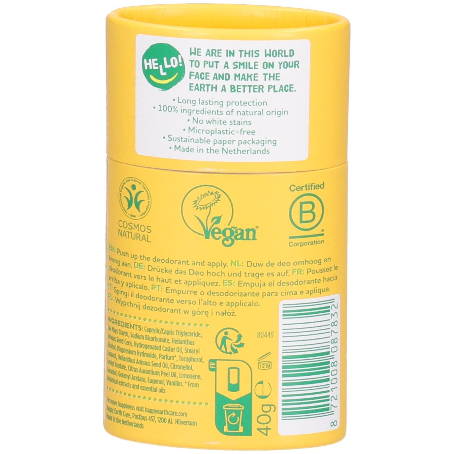 Happy Earth Deodorant Stick Jasmine Ho Wood, Rückseite mit Anwendungshinweisen und Inhaltsstoffen.