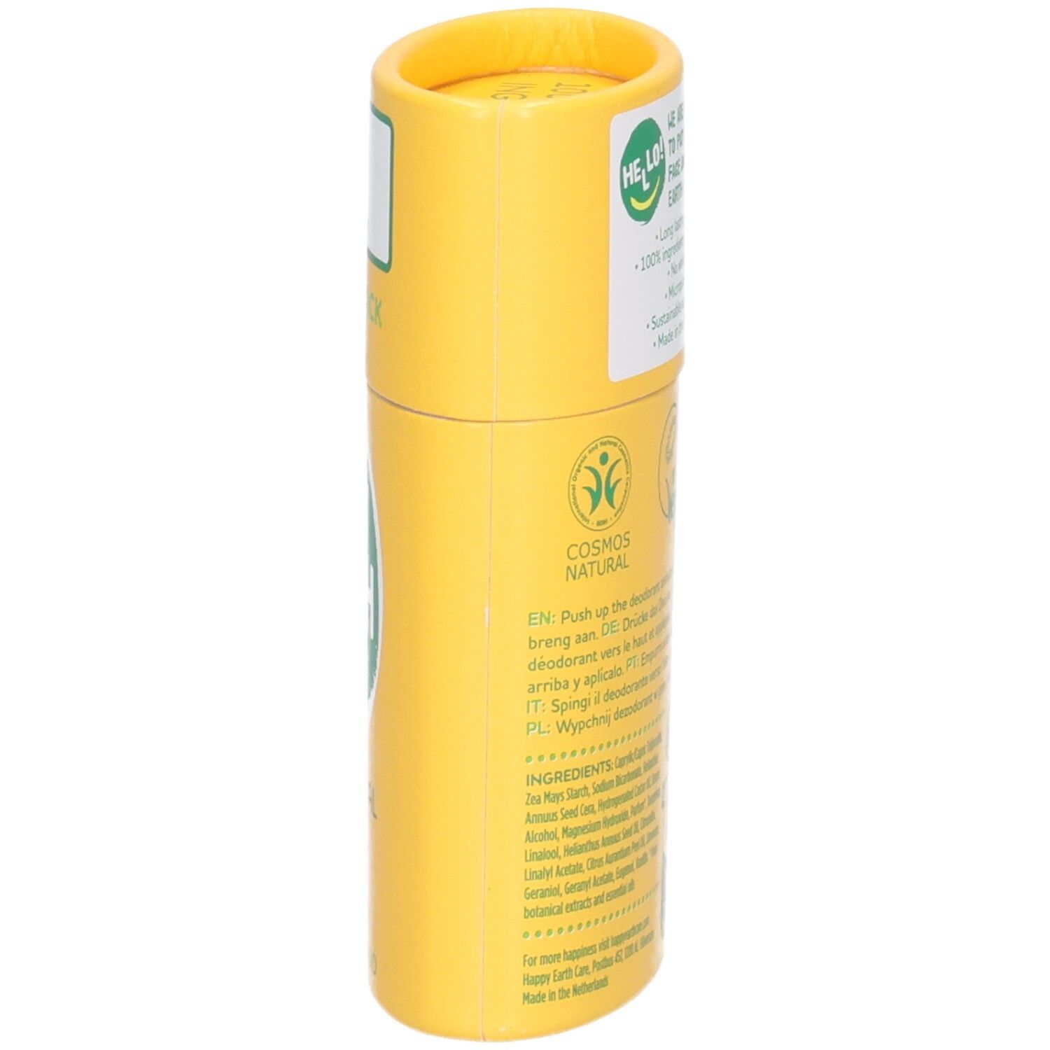 Happy Earth Deodorant Stick Jasmine Ho Wood, seitliche Ansicht mit Cosmos Natural und Vegan Siegel.