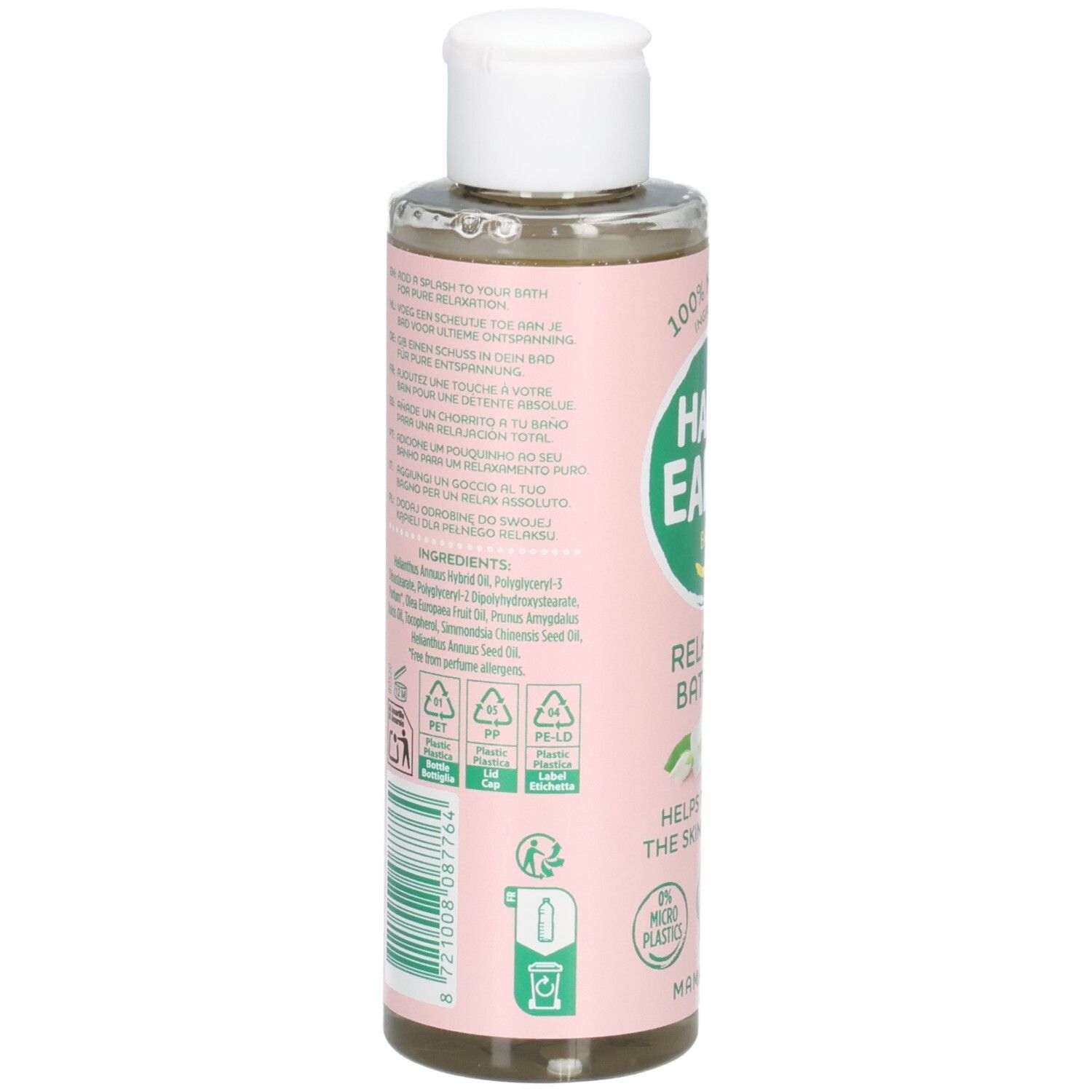 Rückseite einer Flasche mit entspannendem Badöl. Enthält Inhaltsstoffliste und Recycling-Symbole.