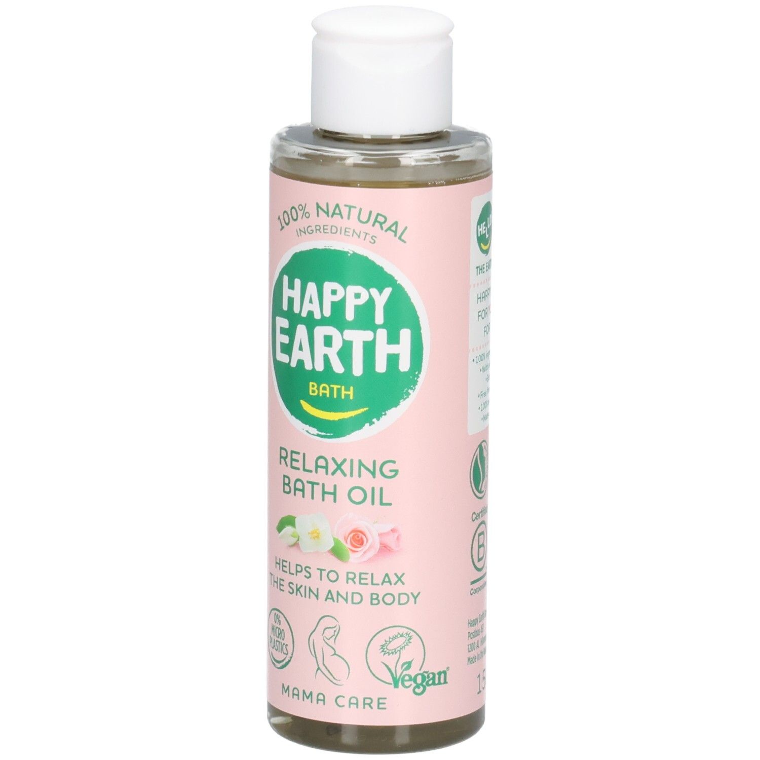 Flasche mit entspannendem Badöl, 100% natürliche Inhaltsstoffe, Mama Care, Vegan-Siegel.