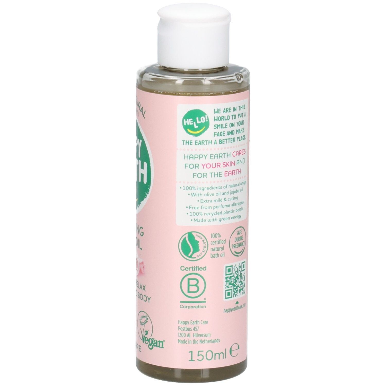 Flasche mit entspannendem Badöl. Zeigt Siegel wie B Corp, Vegan und 100% natürliche Inhaltsstoffe.