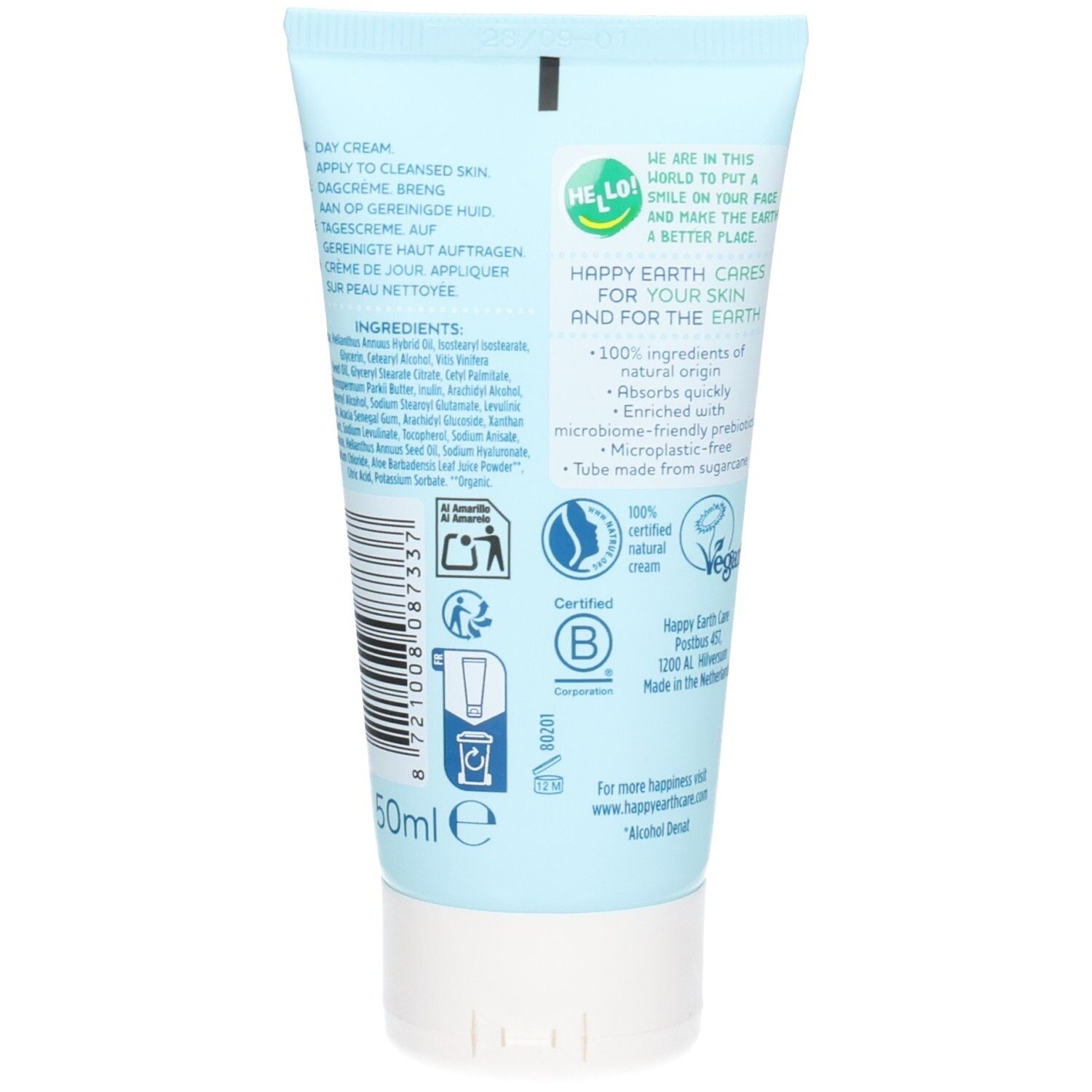 Rückseite der Happy Earth Feuchtigkeitscreme mit Inhaltsstoffen, Zertifizierungen und 50ml Angabe.