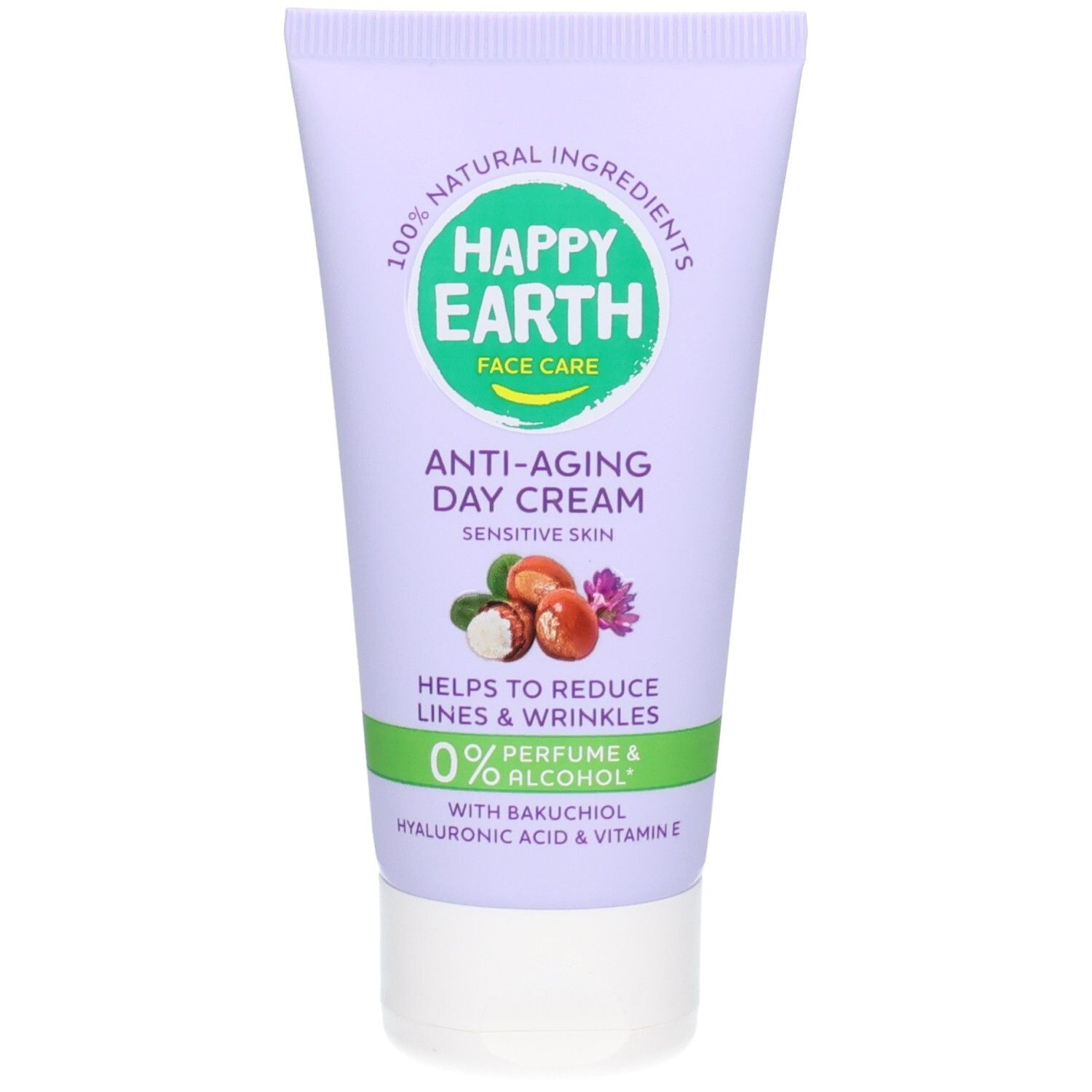 Happy Earth Anti-Aging Tagescreme mit Bakuchiol und Hyaluronsäure. 100% natürliche Inhaltsstoffe. Für empfindliche Haut.