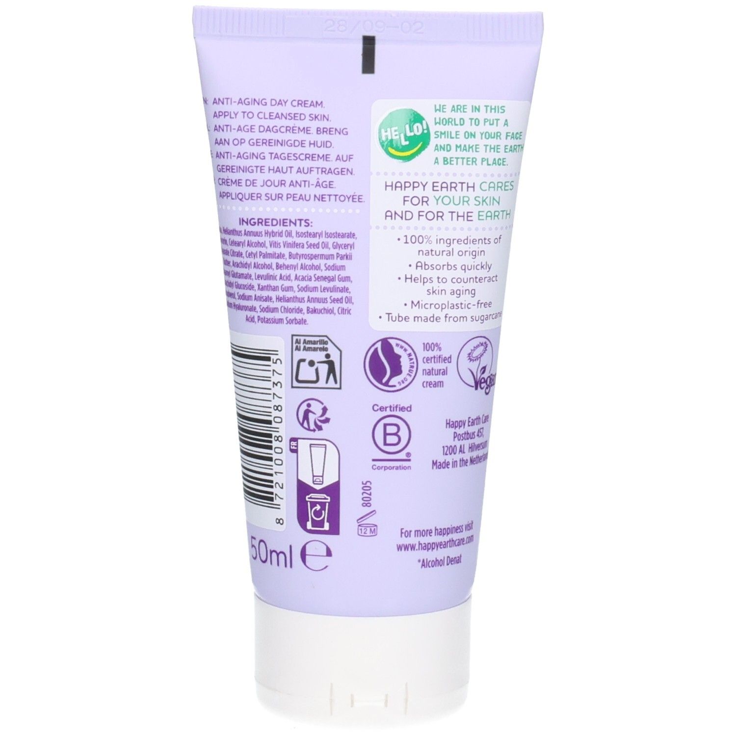Rückseite der Happy Earth Anti-Aging Tagescreme. 100% natürliche Inhaltsstoffe, vegan, mikroplastikfrei. 50ml.