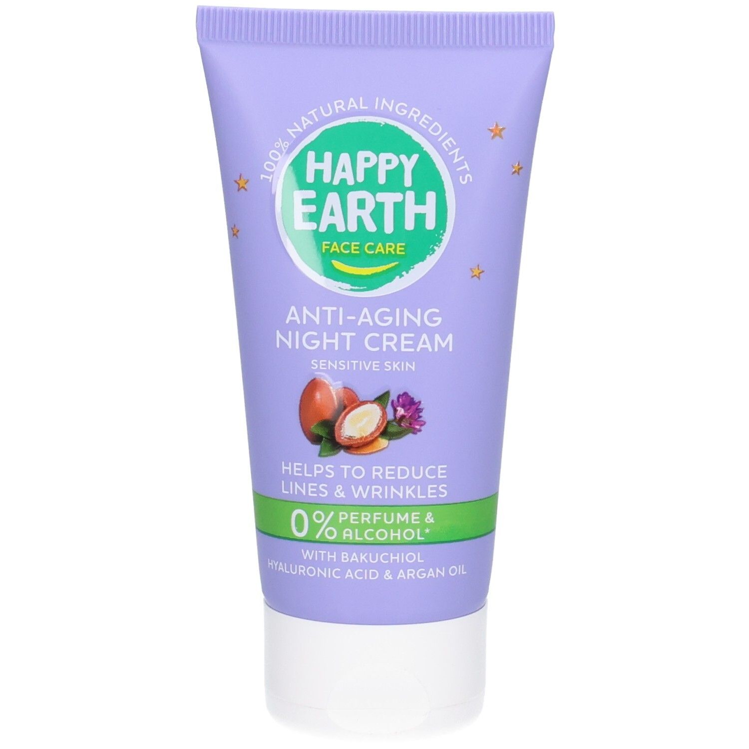 Lila Tube Happy Earth Anti-Aging Nachtcreme mit Bakuchiol und Hyaluronsäure. Hilft Falten zu reduzieren.