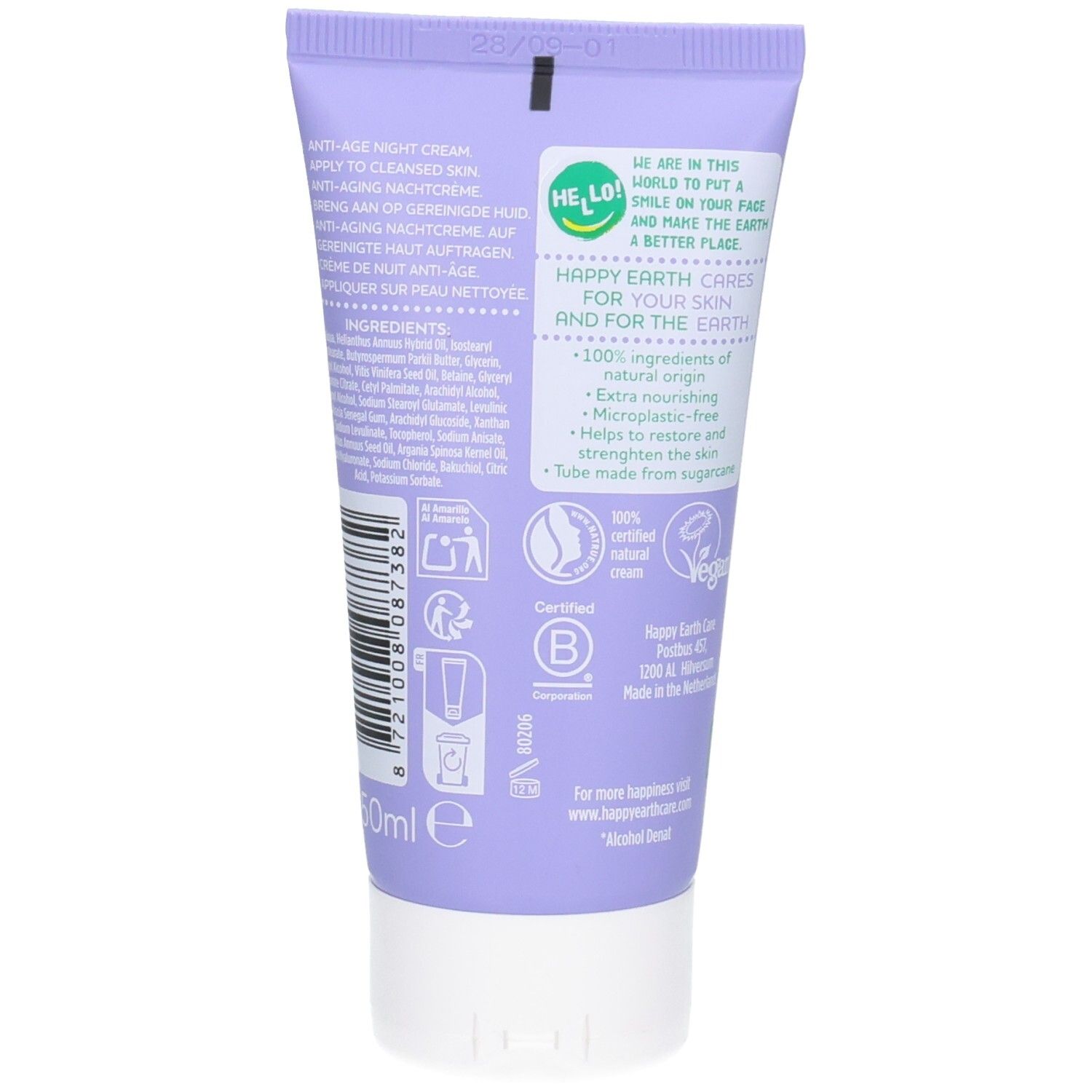 Rückseite einer lila Tube Happy Earth Anti-Aging Nachtcreme mit Inhaltsstoffen und Zertifizierungen.