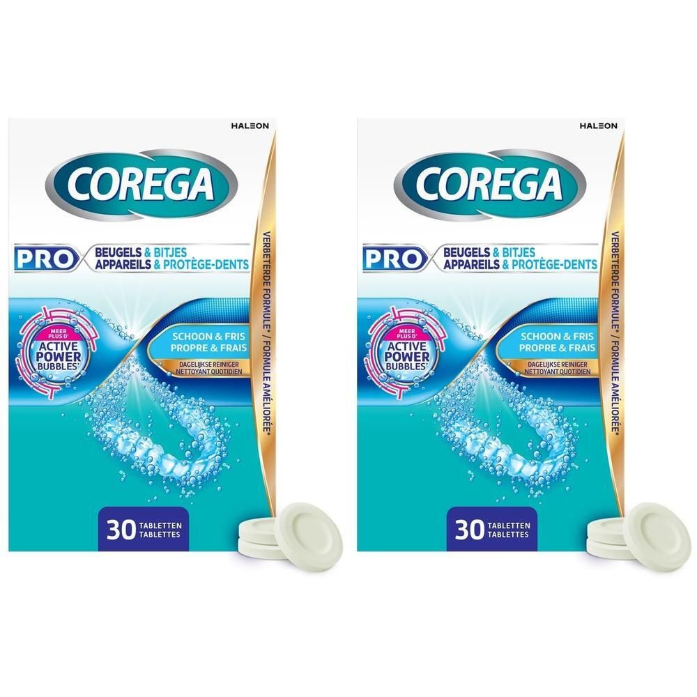 Zwei Packungen Corega Pro Tabletten für Zahnspangen und Zahnschutz, je 30 Stück.