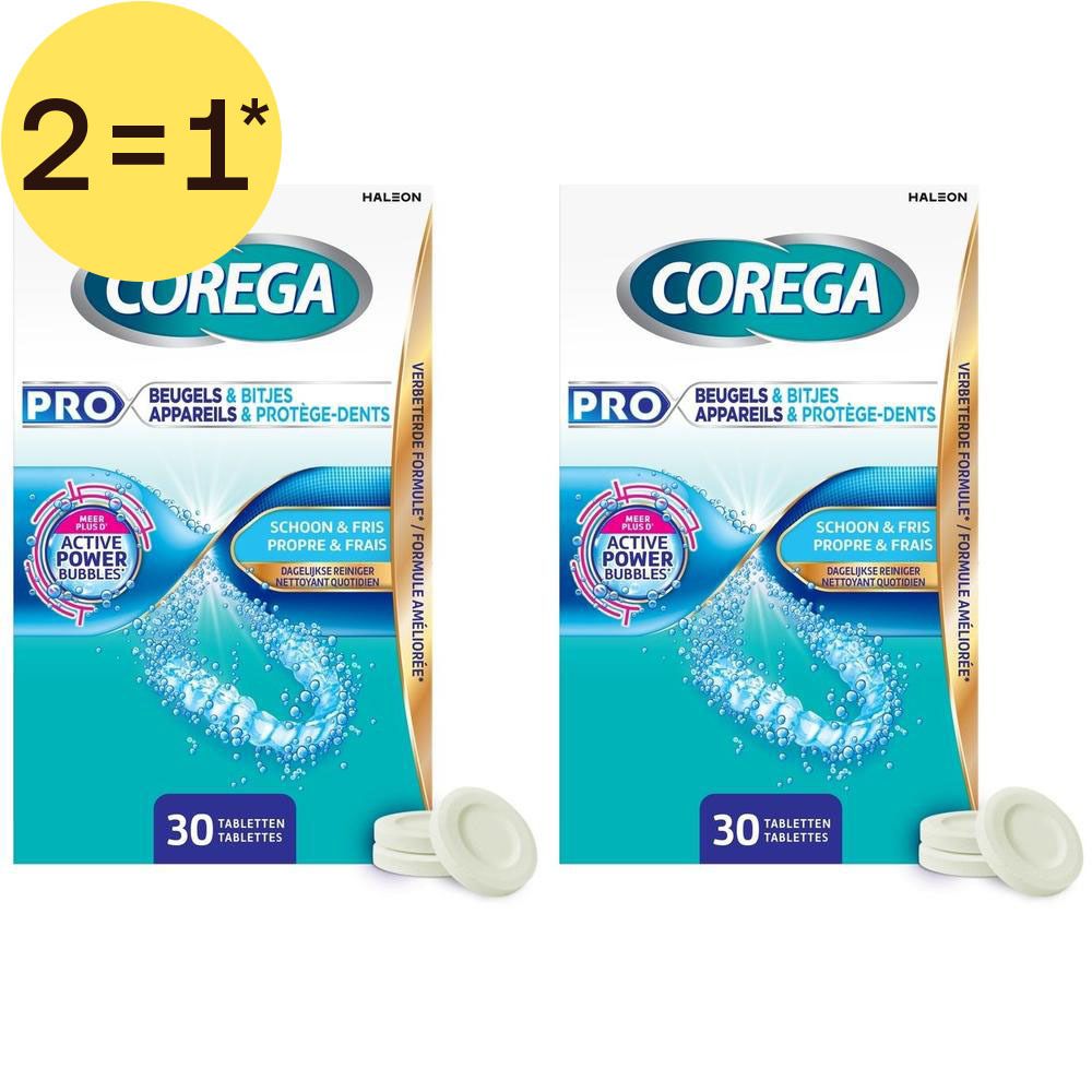 Deux paquets de comprimés Corega Pro pour appareils dentaires et protège-dents, 30 comprimés chacun.